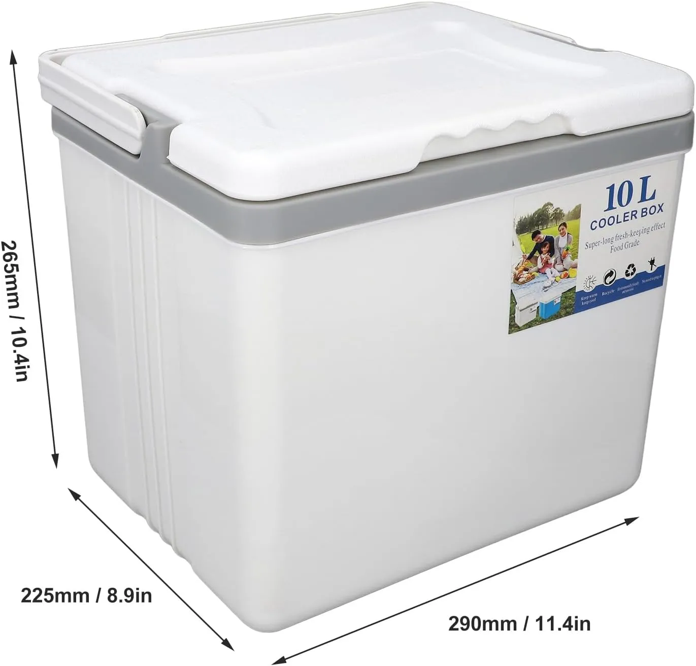 10L Large Portable Cooler, Insulation Hard Cooler with Sturdy Handle, Ice Chest Lunch Box, Travel Iced Drink Box for Outdoor Camping, Picnic, BBQ, Fishing or Commercial Use (White)