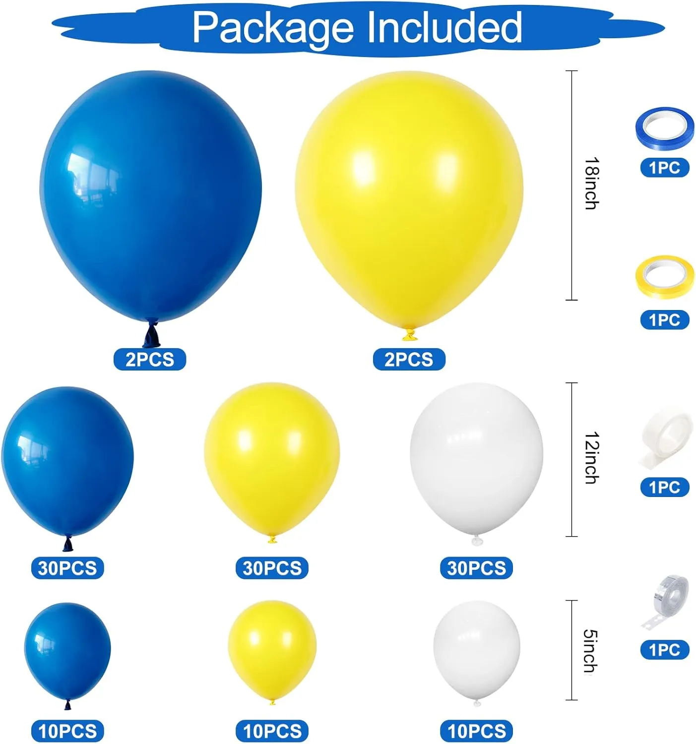 124PCS Blue Yellow White Balloon Garland Arch Kit, 18 12 5 inch Matte Blue White Yellow Balloons Garland Kit, Decoration Balloons for Birthday Baby Shower Wedding Anniversary Picnic Festival Party