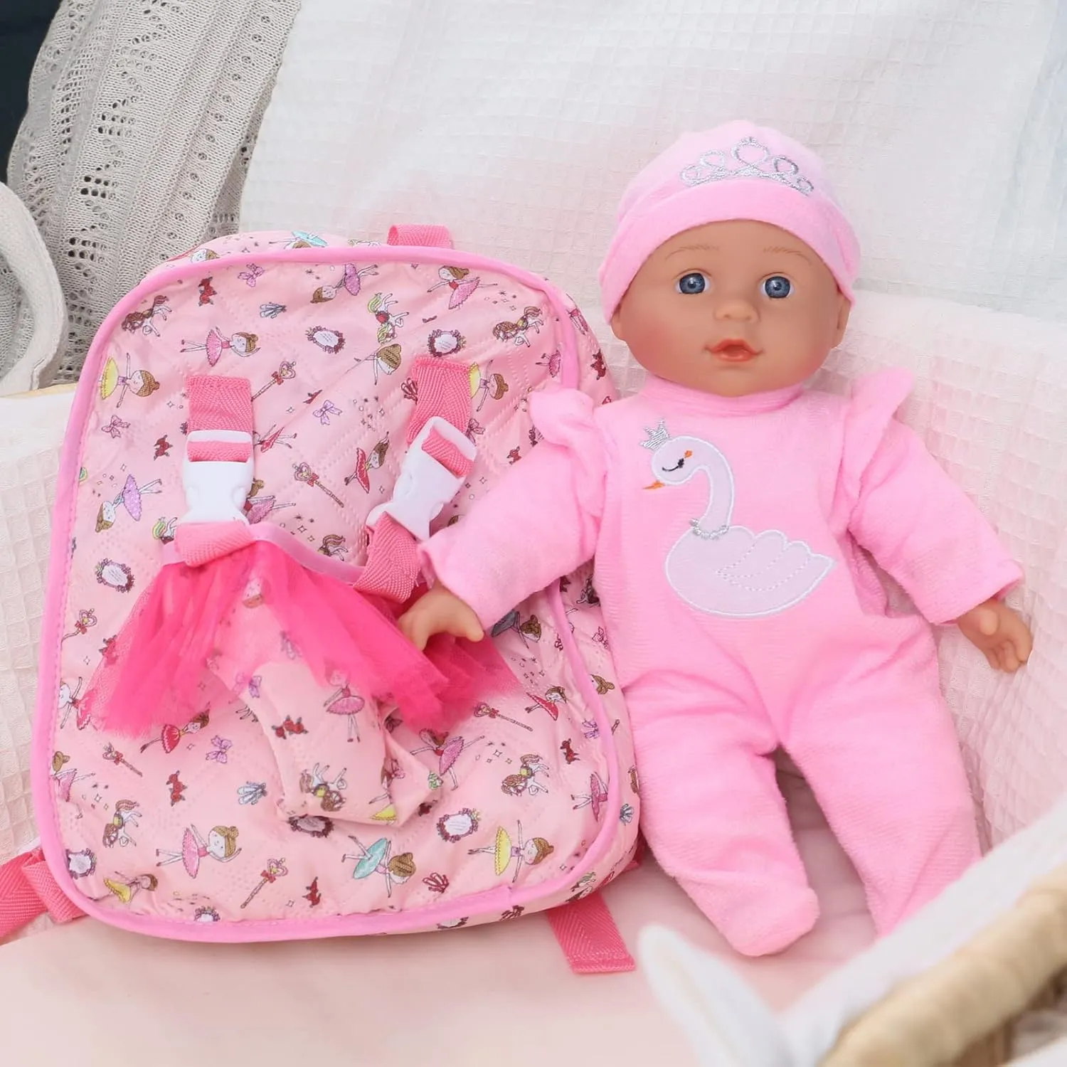 13" Soft Baby Doll with Take Along Pink Doll Backpack Carrier, 6 Piece Play Set with Bottle & Accessories(Pink)