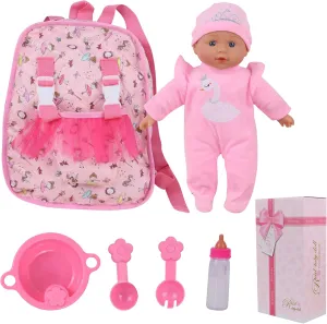 13" Soft Baby Doll with Take Along Pink Doll Backpack Carrier, 6 Piece Play Set with Bottle & Accessories(Pink)