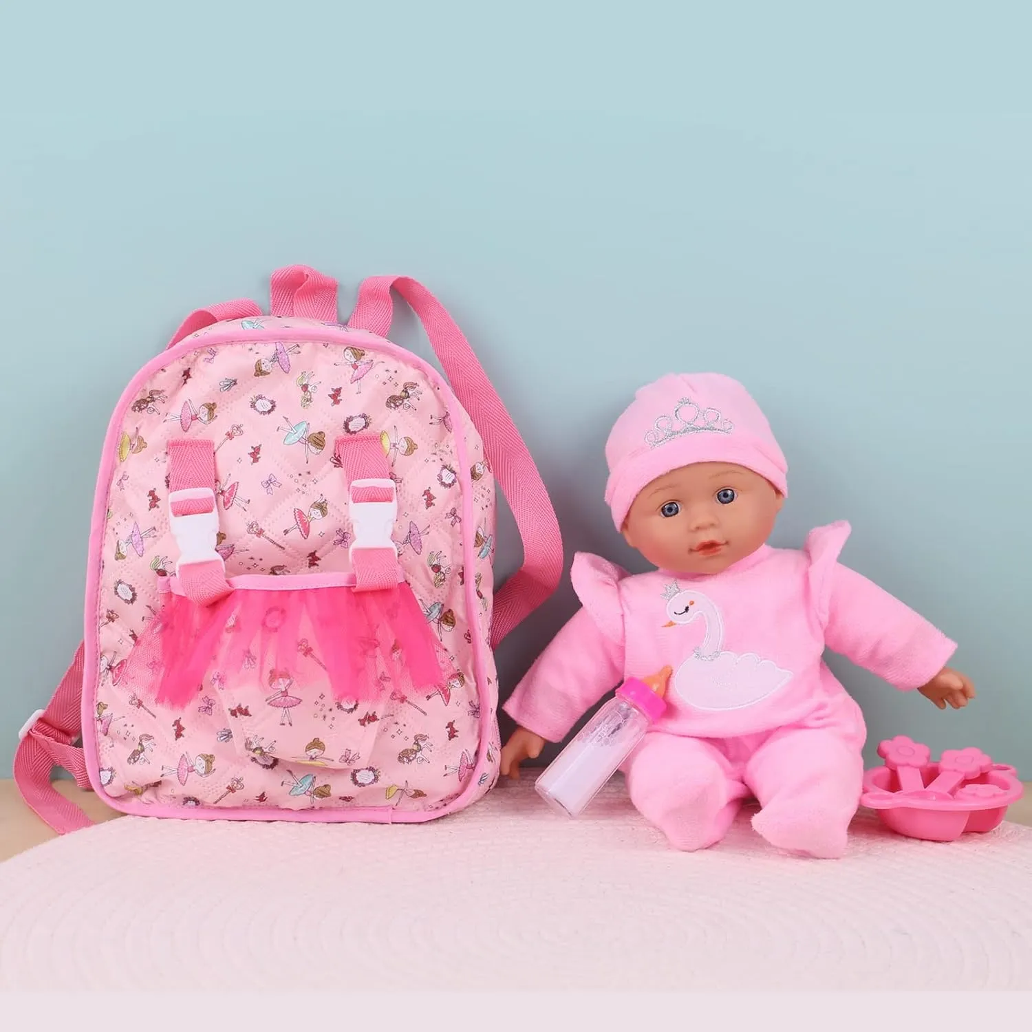 13" Soft Baby Doll with Take Along Pink Doll Backpack Carrier, 6 Piece Play Set with Bottle & Accessories(Pink)