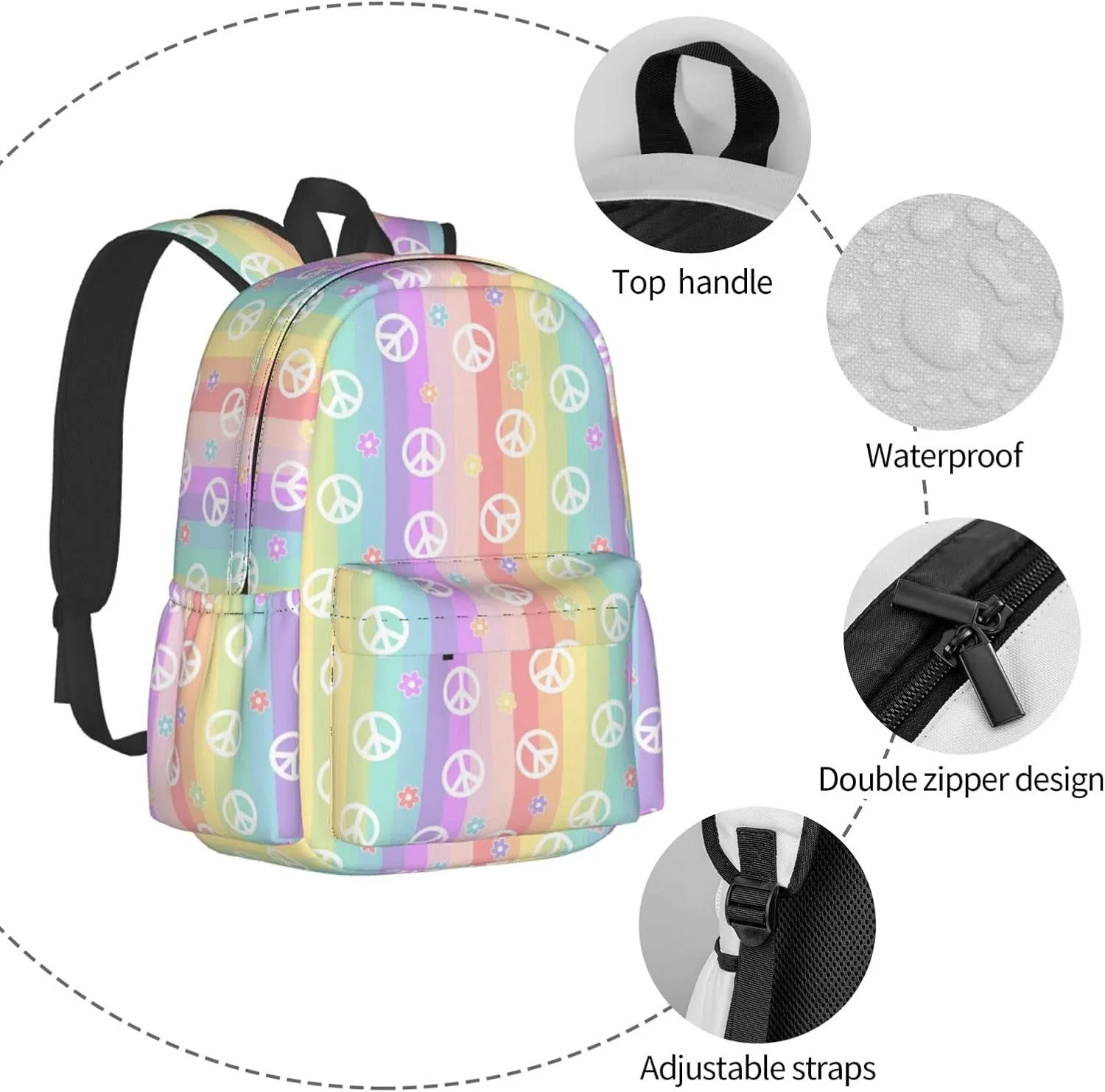 17 inch Backpack Rainbow Colorful Peace Sign Daisy Laptop Backpack School Bookbag Shoulder Bag Casual Daypack