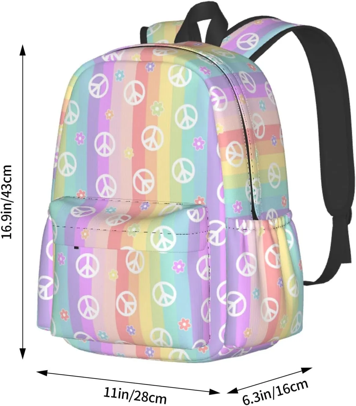 17 inch Backpack Rainbow Colorful Peace Sign Daisy Laptop Backpack School Bookbag Shoulder Bag Casual Daypack