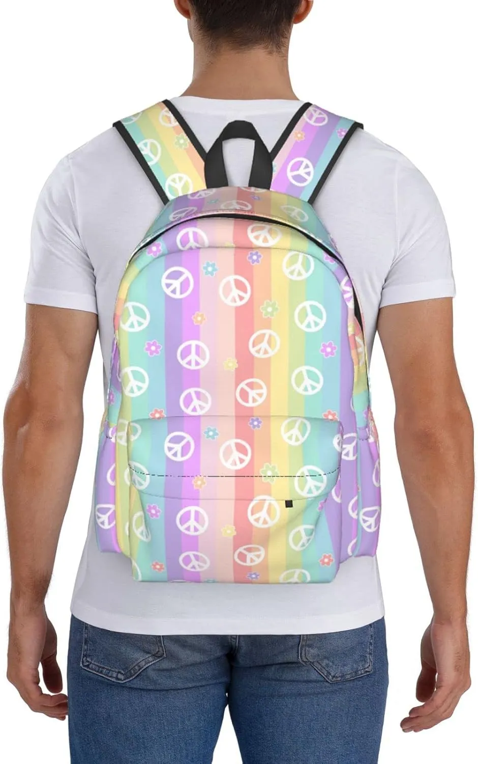 17 inch Backpack Rainbow Colorful Peace Sign Daisy Laptop Backpack School Bookbag Shoulder Bag Casual Daypack