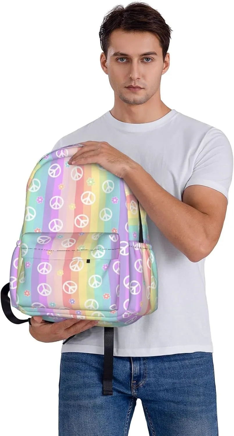 17 inch Backpack Rainbow Colorful Peace Sign Daisy Laptop Backpack School Bookbag Shoulder Bag Casual Daypack