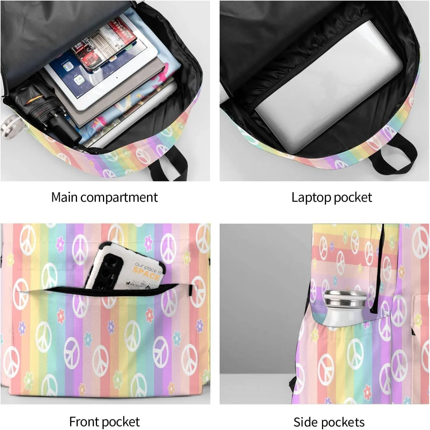 17 inch Backpack Rainbow Colorful Peace Sign Daisy Laptop Backpack School Bookbag Shoulder Bag Casual Daypack