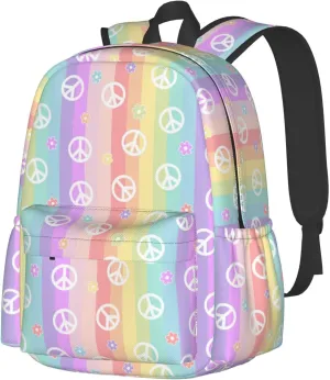 17 inch Backpack Rainbow Colorful Peace Sign Daisy Laptop Backpack School Bookbag Shoulder Bag Casual Daypack