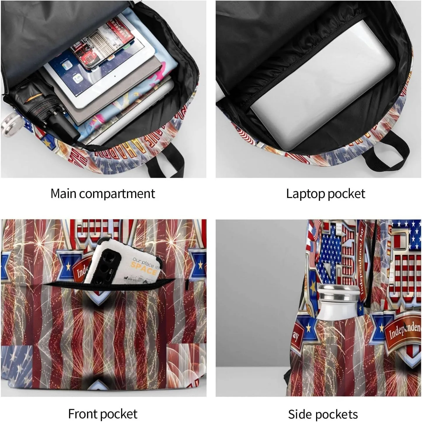 1776 American Independence Day American Flag Fireworks Casual Backpacks Large Travel Backpack Laptop Rucksack Sports Daypack Adjustable Strap Bag for Camping Hiking
