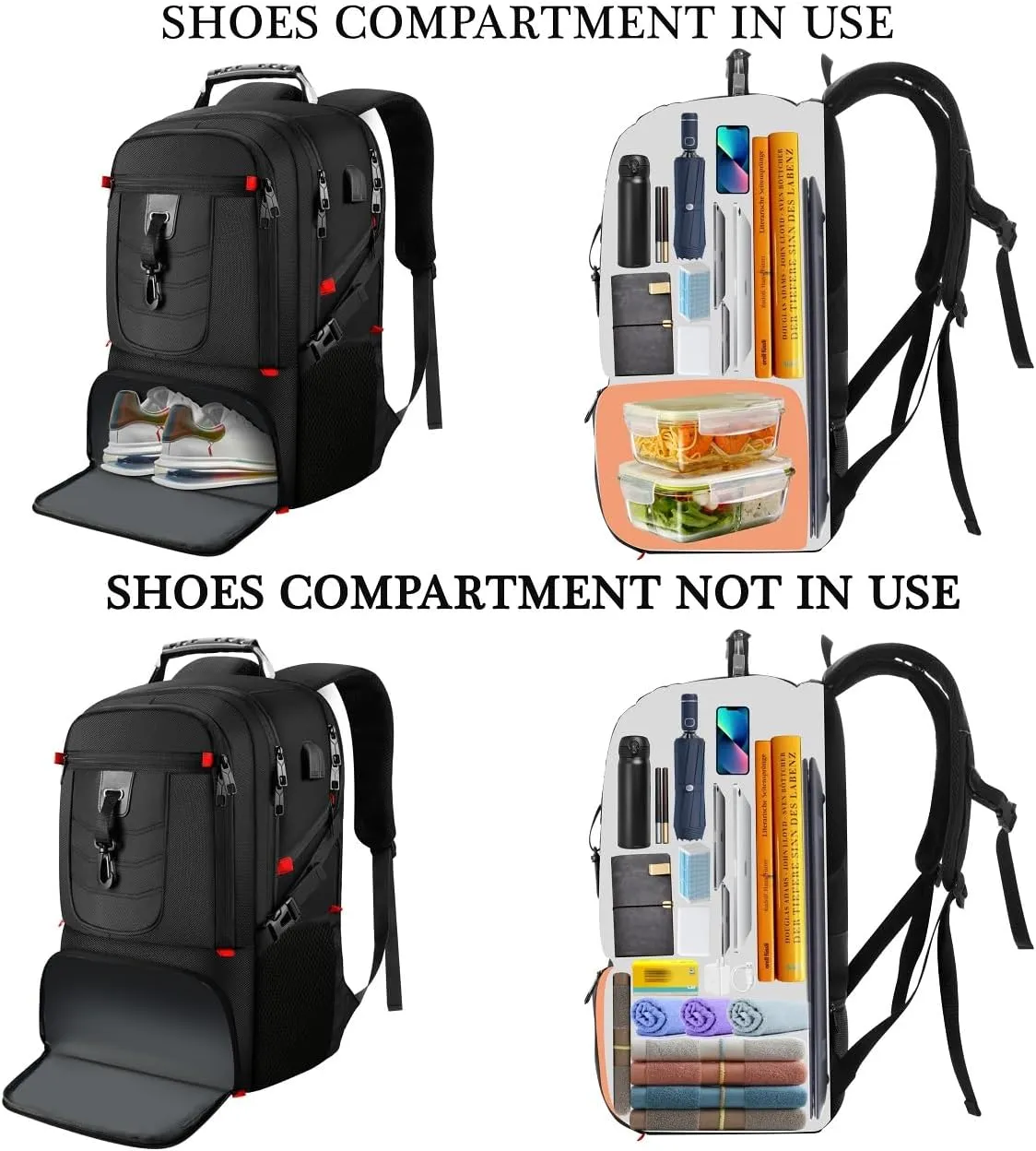 18.4in Men Laptop Backpack with Shoe Compartment for Gym Hiking Business,Large Carry On Travel Bag with PC Compartment,Waterproof College Bookbag School Backpack for Women,Black