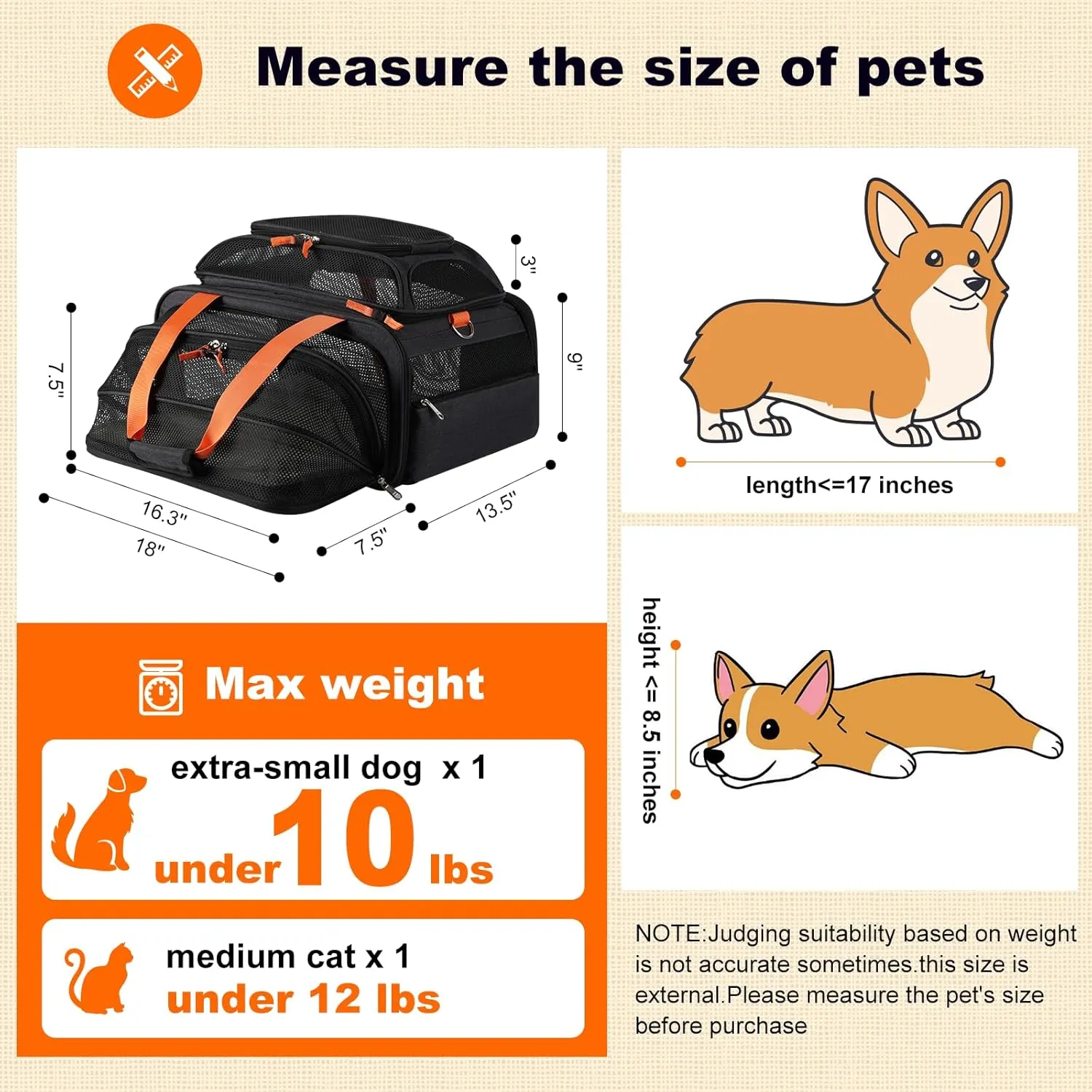 18x13.5x9 TSA Approved top and 1 Side Expandable pet Carrier for Small Dog Puppy cat up to 10 lbs Weight and 17'' Length, for Spirit Southwest Allegiant Airlines