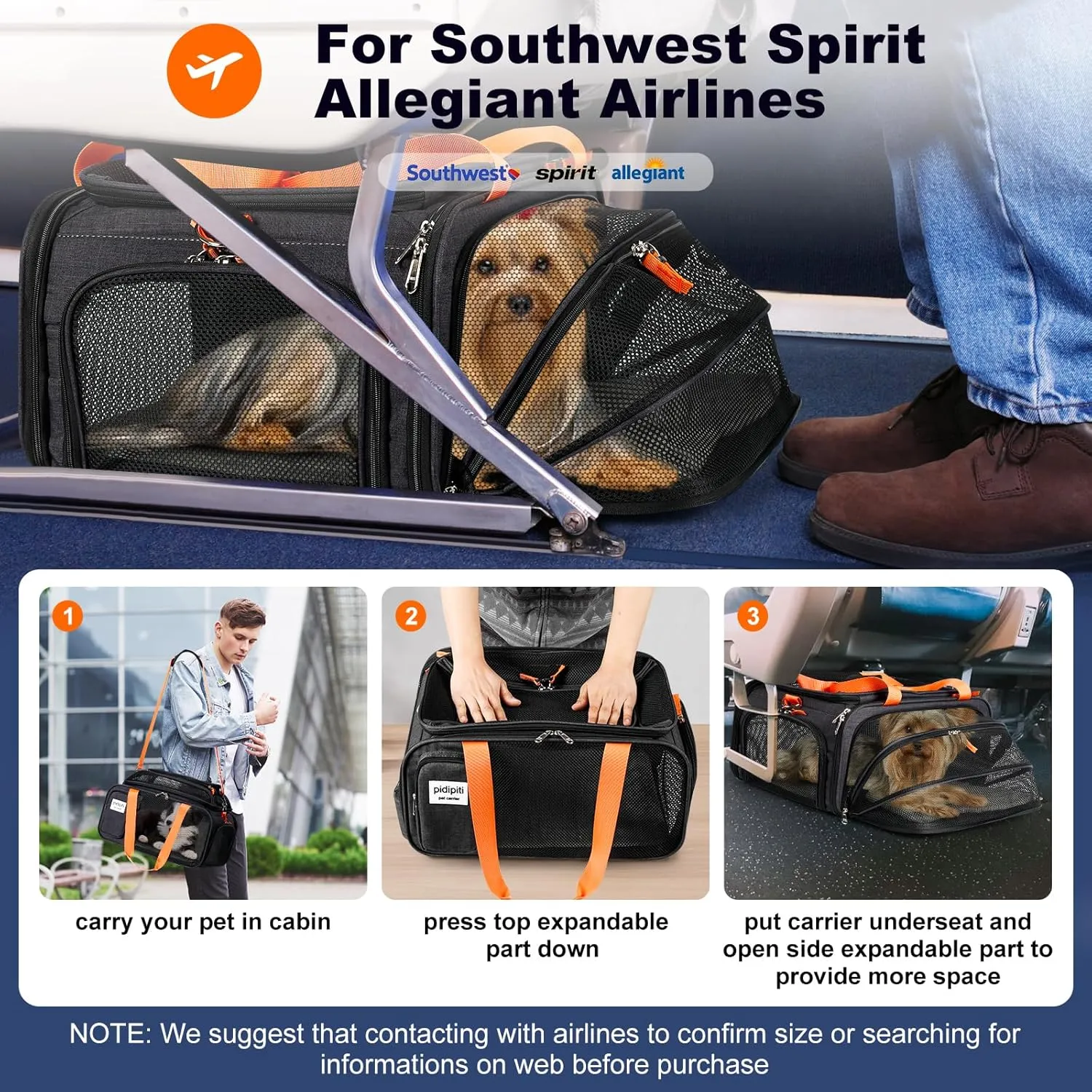18x13.5x9 TSA Approved top and 1 Side Expandable pet Carrier for Small Dog Puppy cat up to 10 lbs Weight and 17'' Length, for Spirit Southwest Allegiant Airlines
