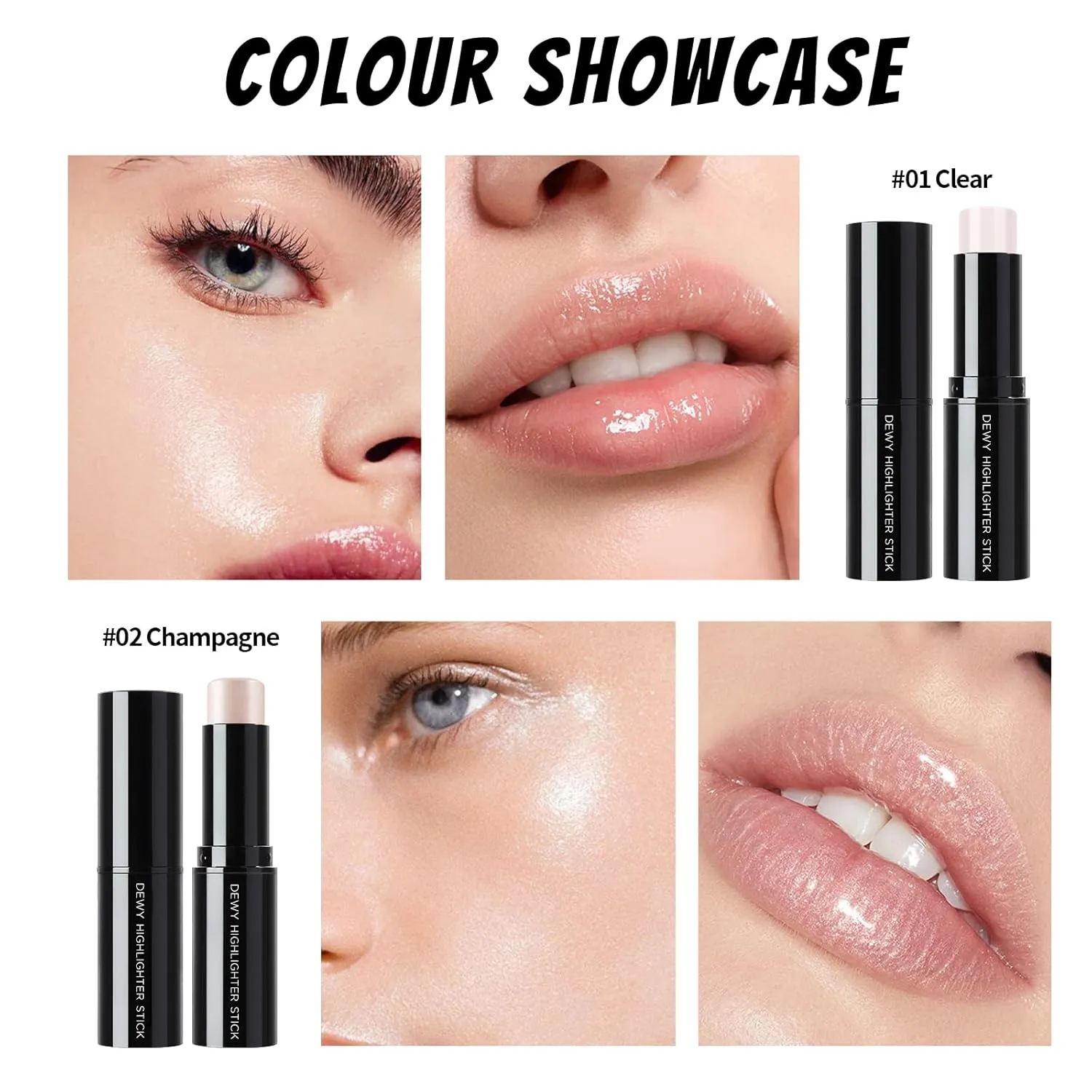 2 Colors Clear Highlighter Stick, Dewy Radiance Balm for Glass Skin, Hydrating Reflective Natural Shimmer Illuminator Stick, Multi-Use Lightweight Creamy Face Highlighter Clean Makeup