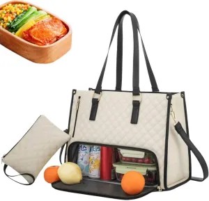 2 in 1 Tote Bag Lunch Bag Combo, 15.6 Inch Laptop Bag with Insulated Lunch Compartment, Leakproof Cooler Bag with Storage Pocket, Multifunctional Business Tote Bag for Office, Work, Travel (Beige)