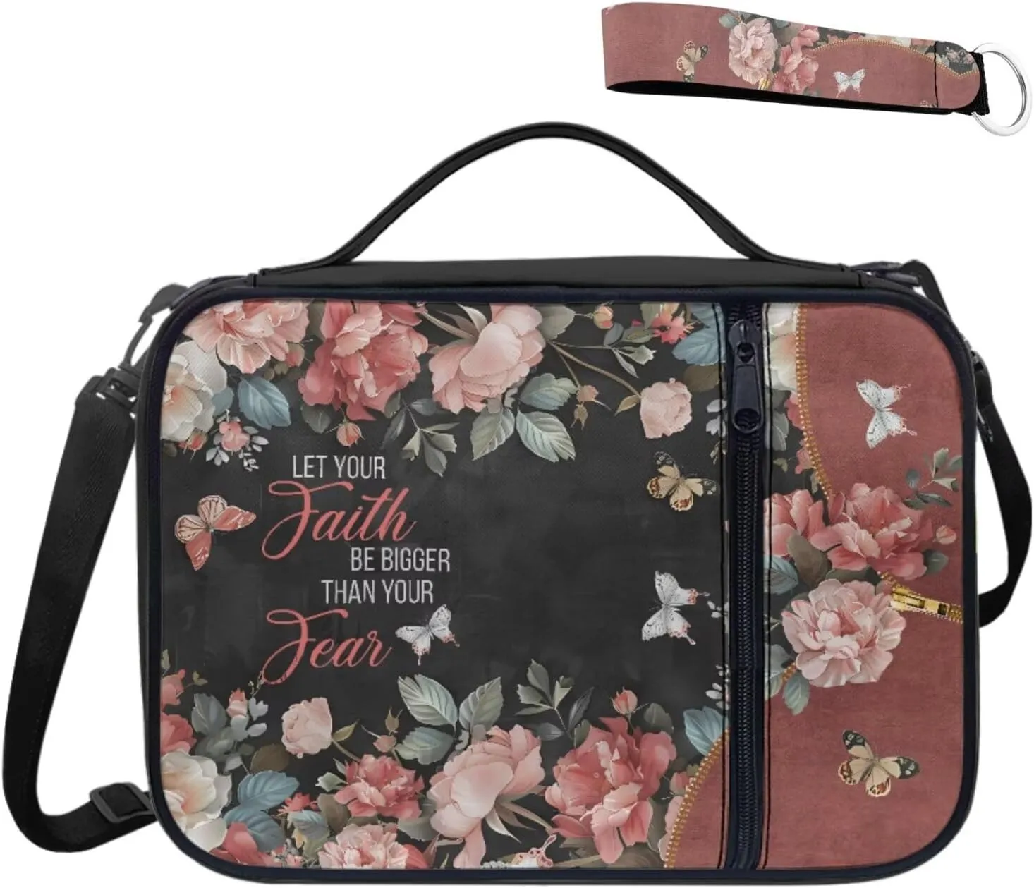 2 Pcs Bible Cover with Wristlet Keychain Bible Case with Handle for Women Christian Tote Bag Keychain Lanyard, Let Your Faith Be Bigger Than Your Fear