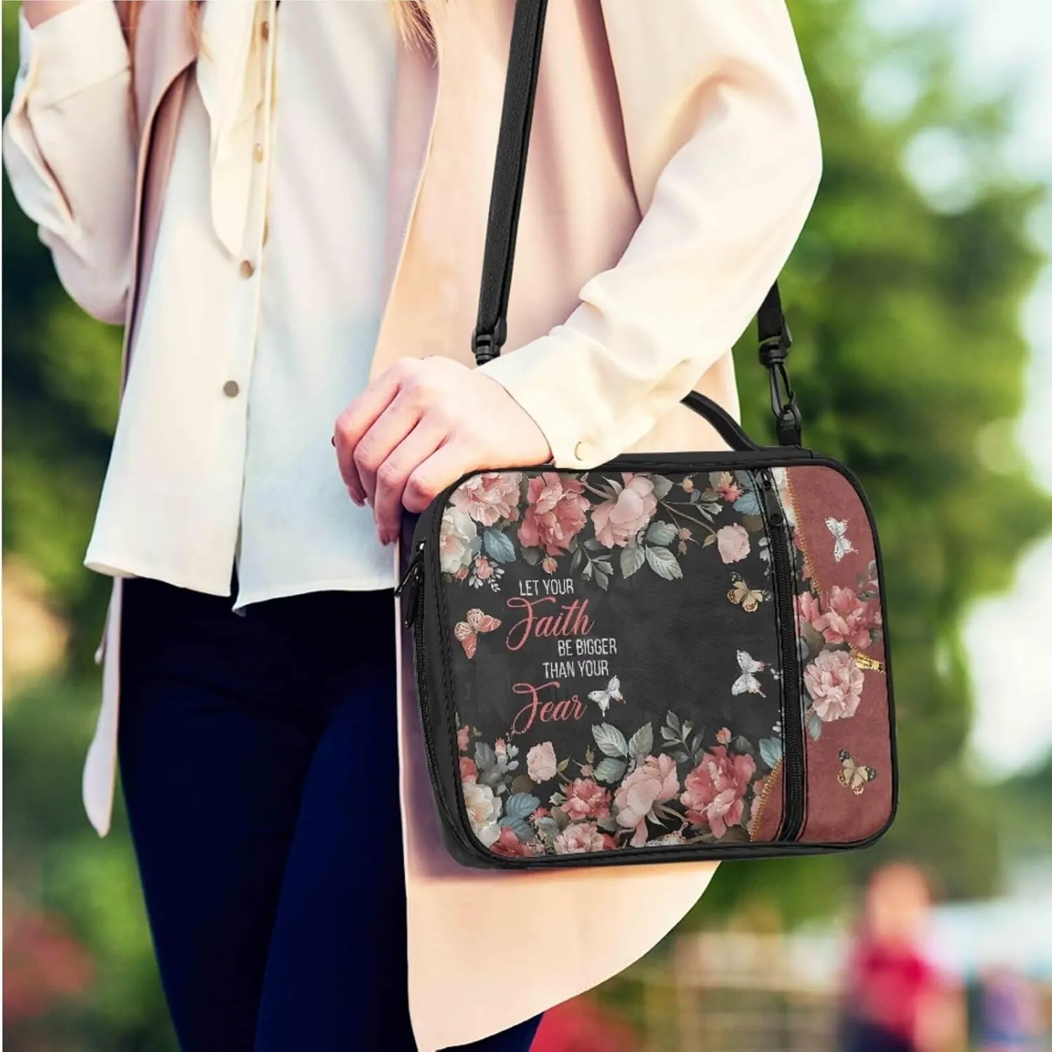 2 Pcs Bible Cover with Wristlet Keychain Bible Case with Handle for Women Christian Tote Bag Keychain Lanyard, Let Your Faith Be Bigger Than Your Fear