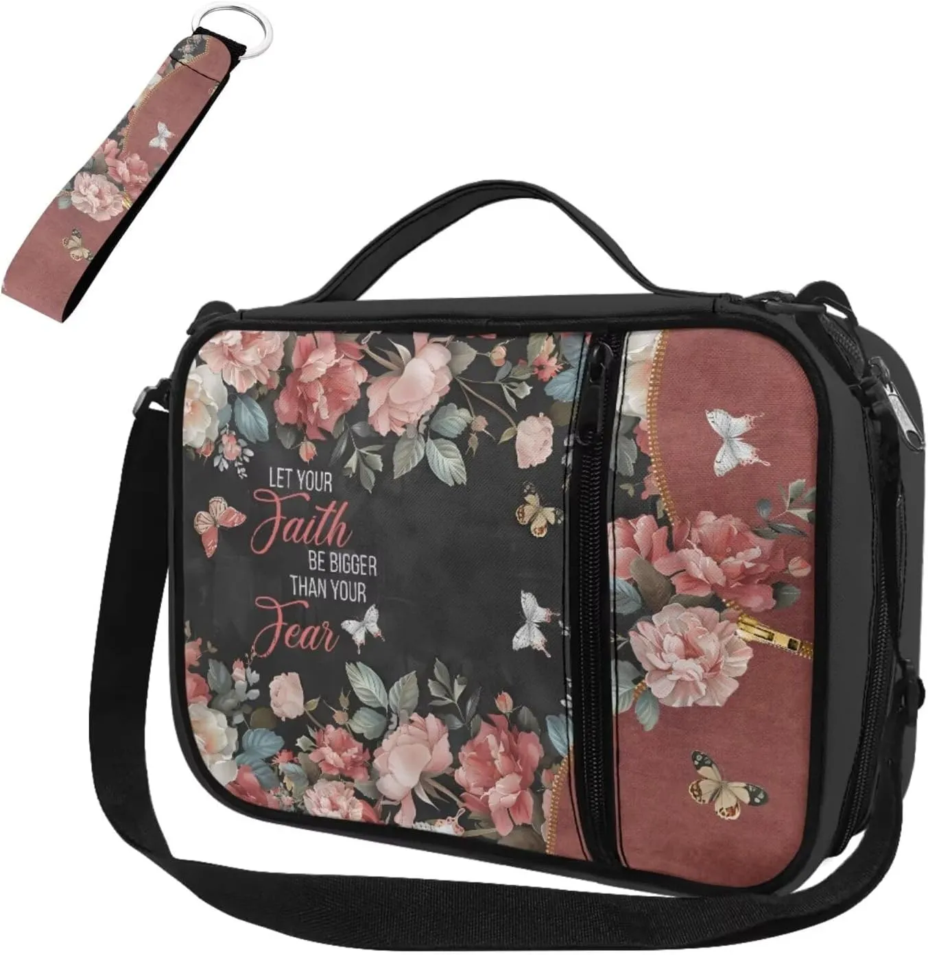 2 Pcs Bible Cover with Wristlet Keychain Bible Case with Handle for Women Christian Tote Bag Keychain Lanyard, Let Your Faith Be Bigger Than Your Fear