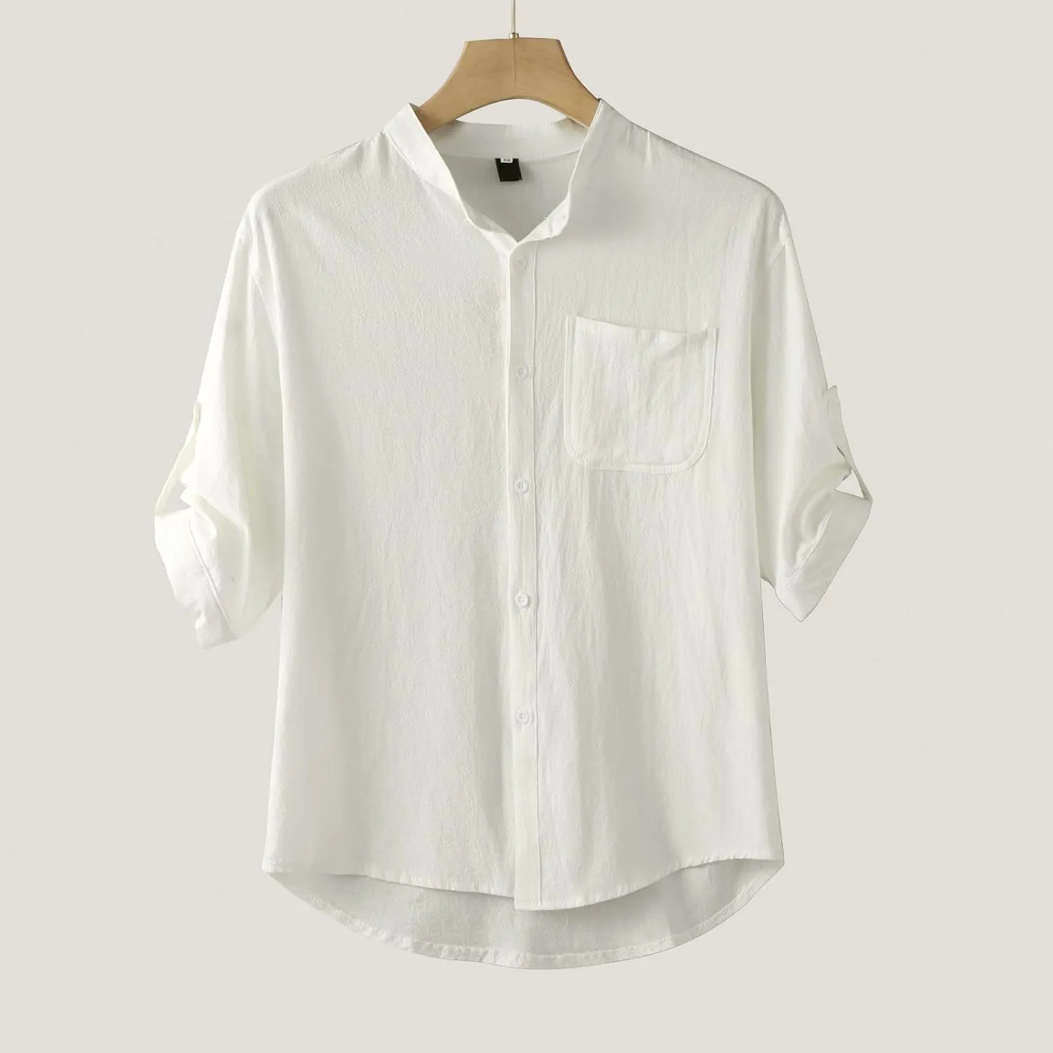 2023 Classic Fit Roll-Up Sleeve Thin Shirts for Men Solid Color Hi-Low Hem Lightweight Soft Button Down Pocket Summer Tops