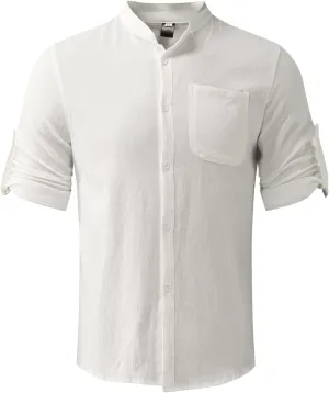 2023 Classic Fit Roll-Up Sleeve Thin Shirts for Men Solid Color Hi-Low Hem Lightweight Soft Button Down Pocket Summer Tops