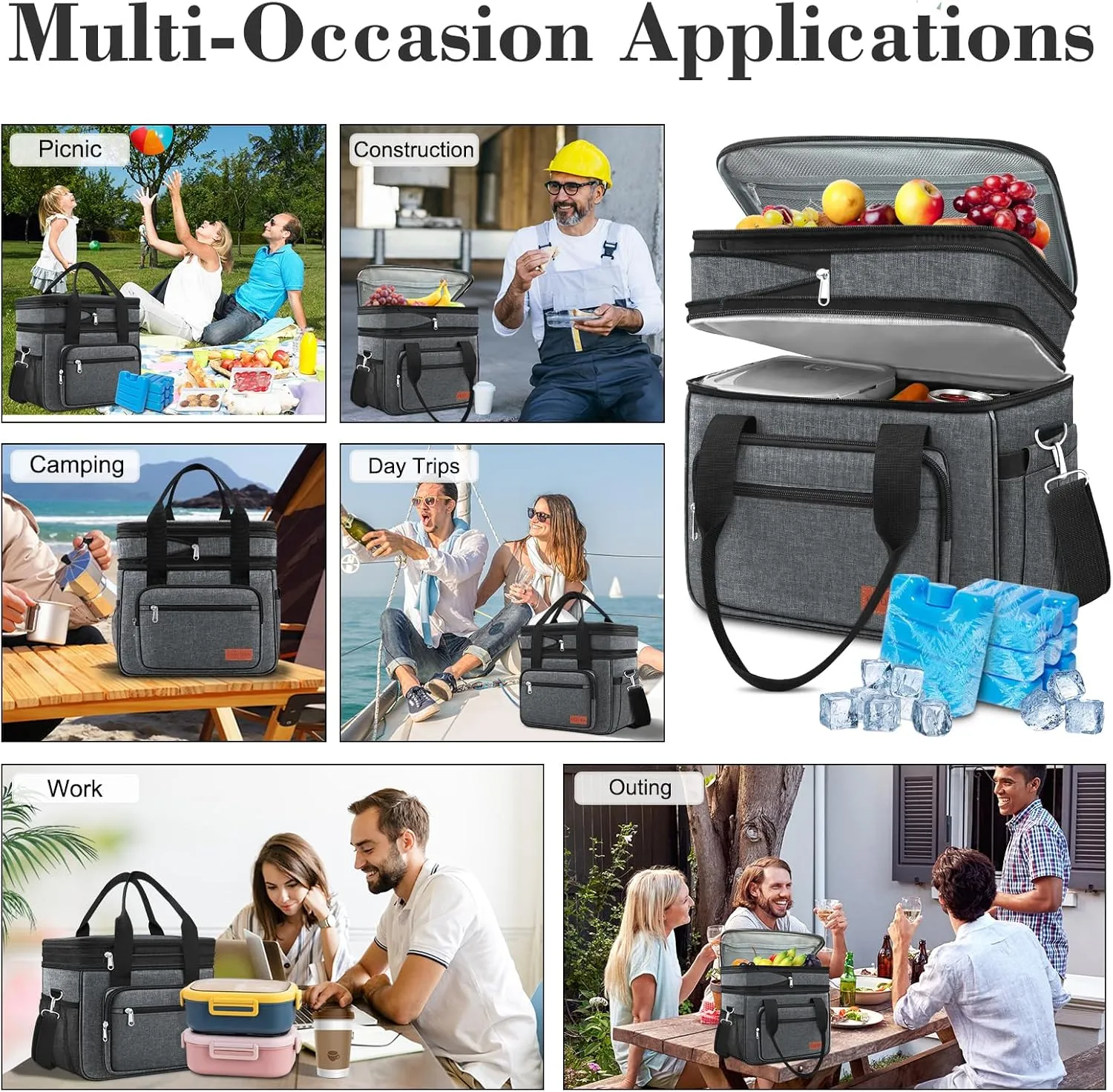 23L Extra Large Expandable Insulated Cooler Lunch Box for Men Double Deck Leakproof Heavy Duty Lunch Bag with 4 Ice Packs&2 Snack Bags for Adult/Construction/Women/Work/Picnic/Camping - Dark Gray