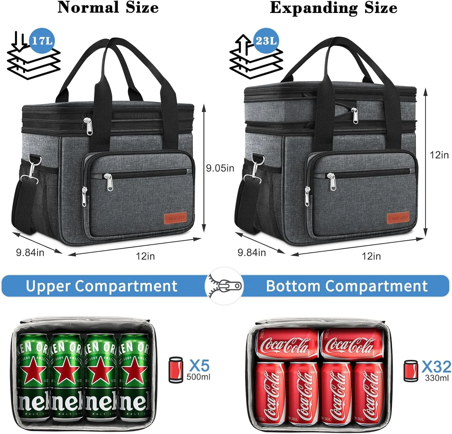 23L Extra Large Expandable Insulated Cooler Lunch Box for Men Double Deck Leakproof Heavy Duty Lunch Bag with 4 Ice Packs&2 Snack Bags for Adult/Construction/Women/Work/Picnic/Camping - Dark Gray