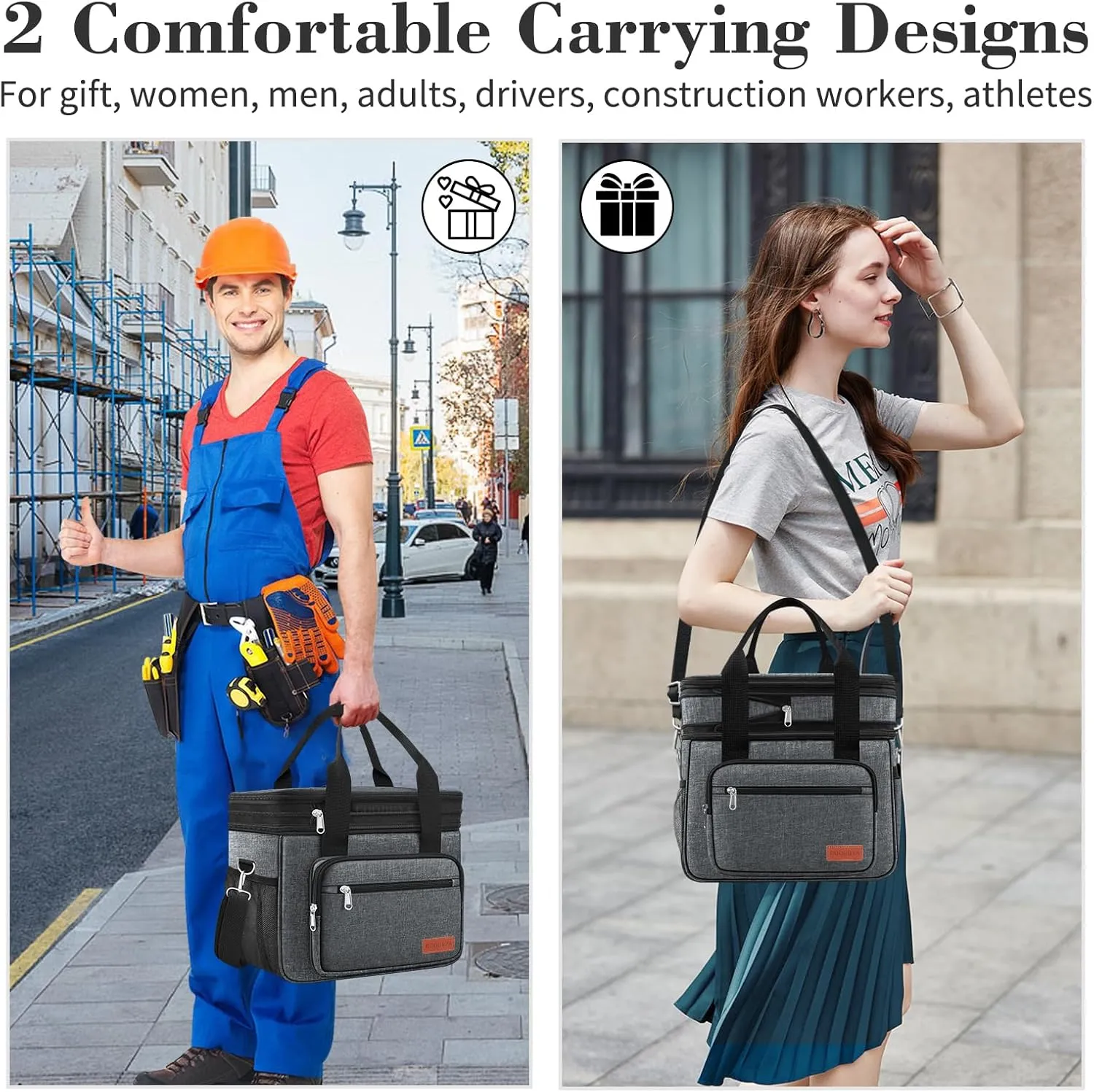 23L Extra Large Expandable Insulated Cooler Lunch Box for Men Double Deck Leakproof Heavy Duty Lunch Bag with 4 Ice Packs&2 Snack Bags for Adult/Construction/Women/Work/Picnic/Camping - Dark Gray
