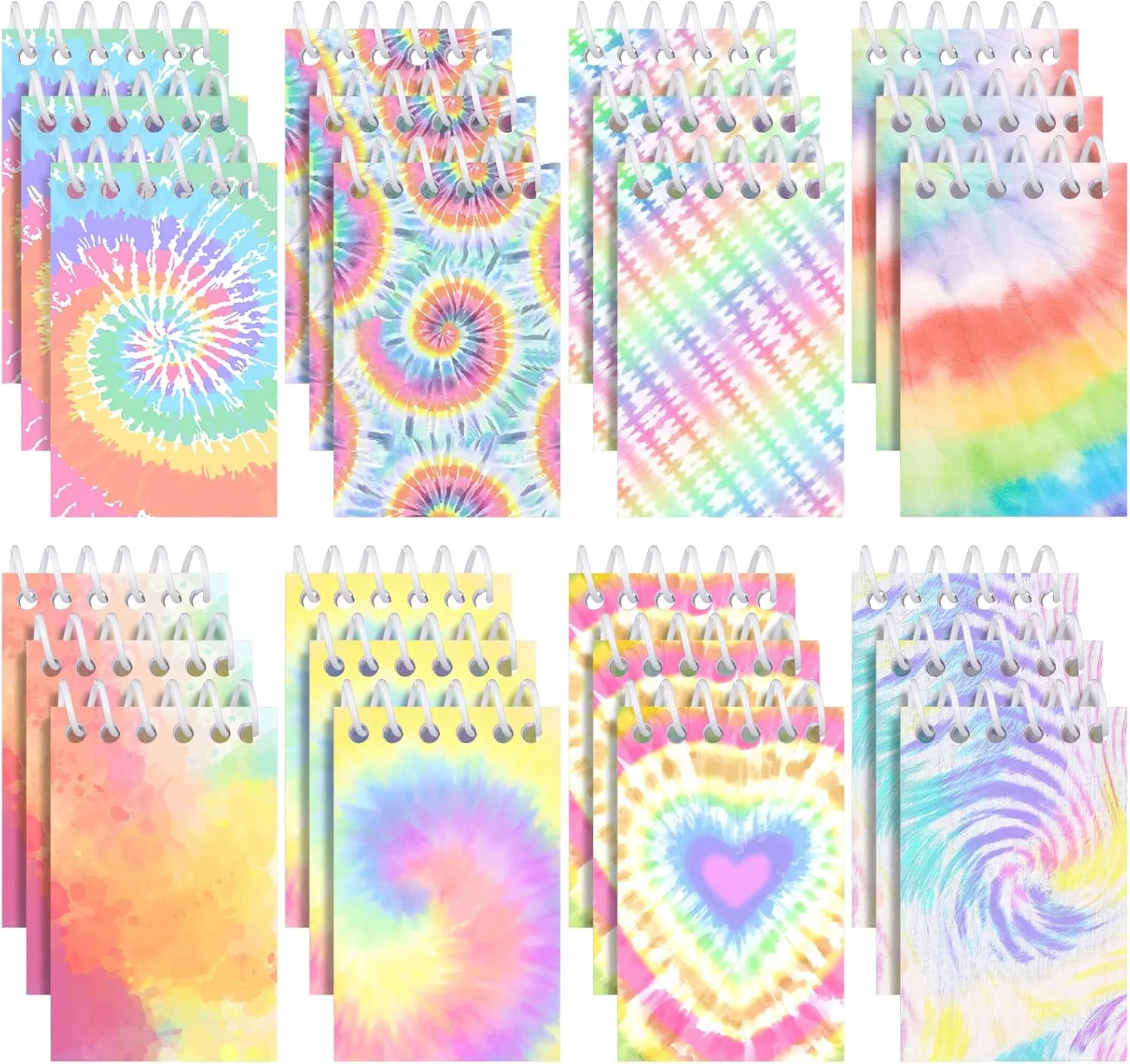 24 Pcs Mini Tie Dye Notepads Multicolor Style Pocket Notebooks for Kids Spiral Mini Notebook Fun Coil Little Notepad Tie Dye Birthday Party Supplies Small Note Pads Tie Dye Party Favors(Light Style)