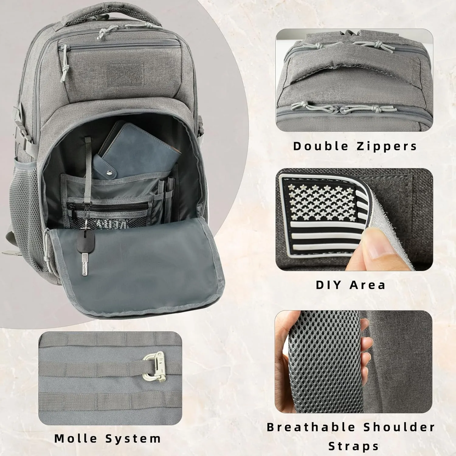 25L Military Travel Laptop Backpack 15.6-inch Backpack For Women Business Carry On Flight Approved Small Grey Backpack Bug Out Bag Work Gym Weekend Bag Men's Assault Bags Back Pack