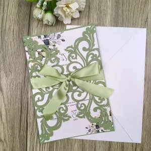 25PCS Laser Cut Wedding Invitations Cards with Envelopes,Blank Inner Sheets,Ribbons for Wedding Bridal Shower Quinceañera Engagement Birthday Invites (matte sage green)