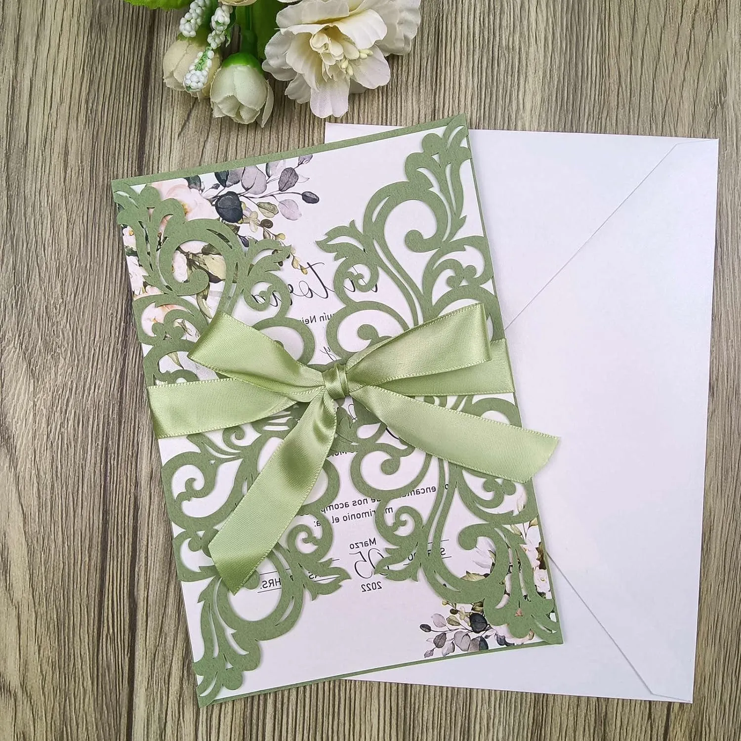 25PCS Laser Cut Wedding Invitations Cards with Envelopes,Blank Inner Sheets,Ribbons for Wedding Bridal Shower Quinceañera Engagement Birthday Invites (matte sage green)
