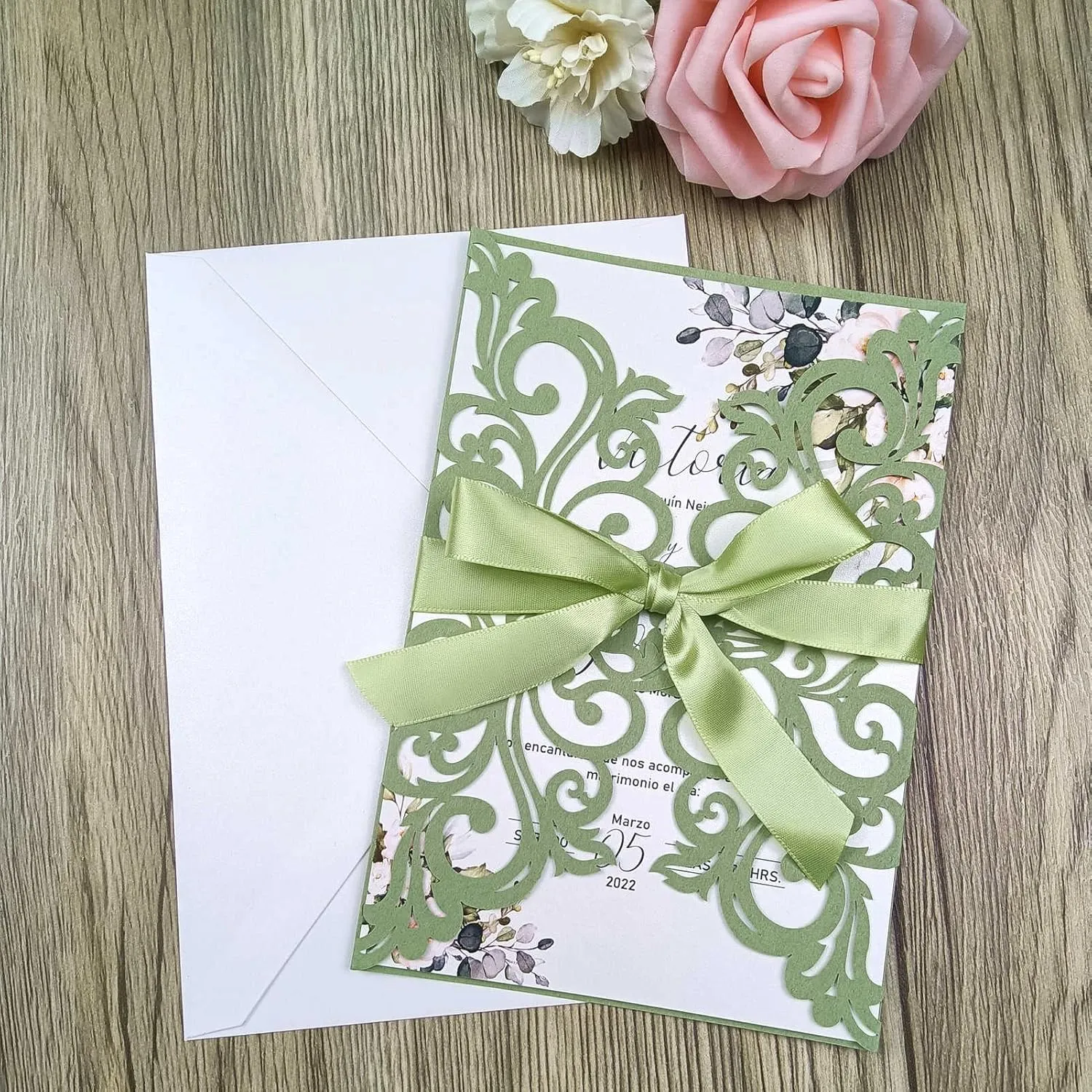 25PCS Laser Cut Wedding Invitations Cards with Envelopes,Blank Inner Sheets,Ribbons for Wedding Bridal Shower Quinceañera Engagement Birthday Invites (matte sage green)