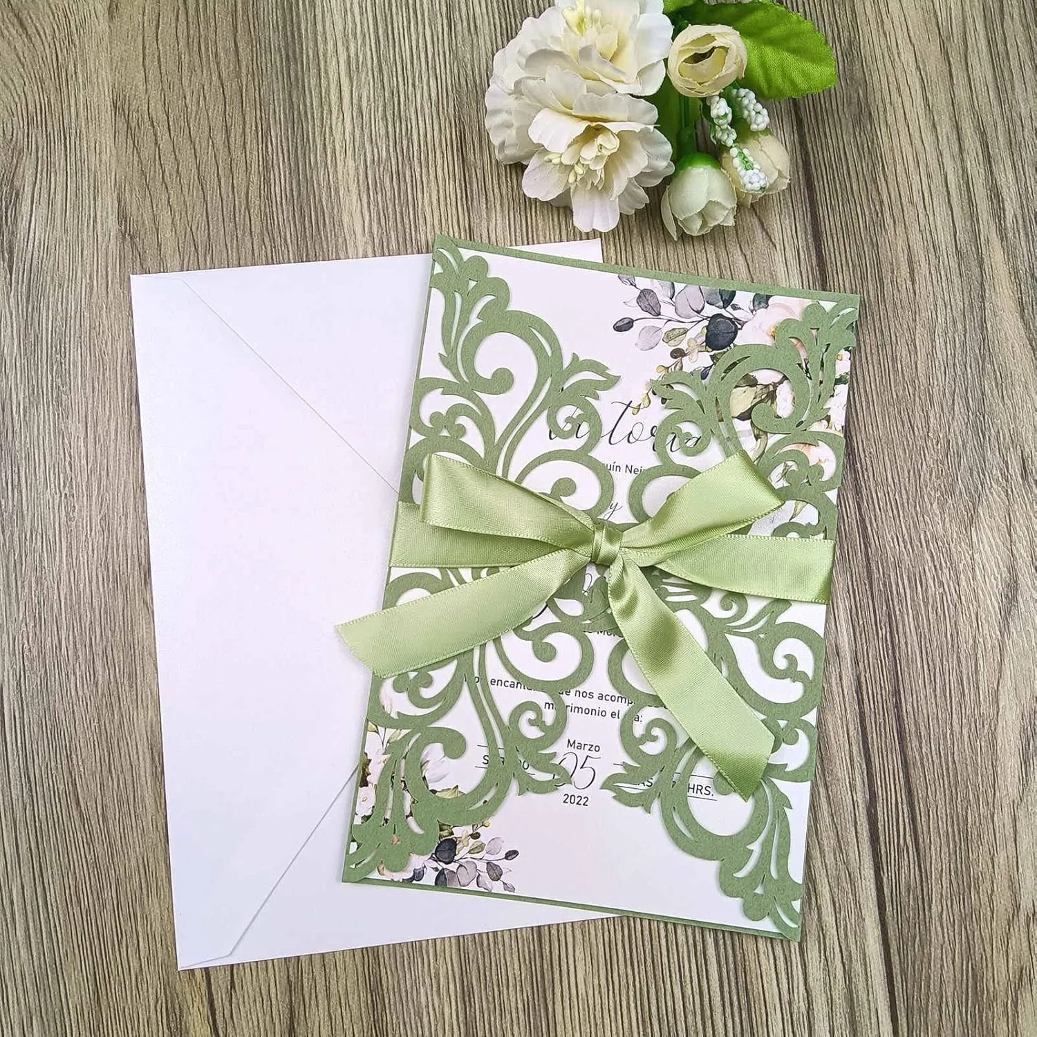 25PCS Laser Cut Wedding Invitations Cards with Envelopes,Blank Inner Sheets,Ribbons for Wedding Bridal Shower Quinceañera Engagement Birthday Invites (matte sage green)