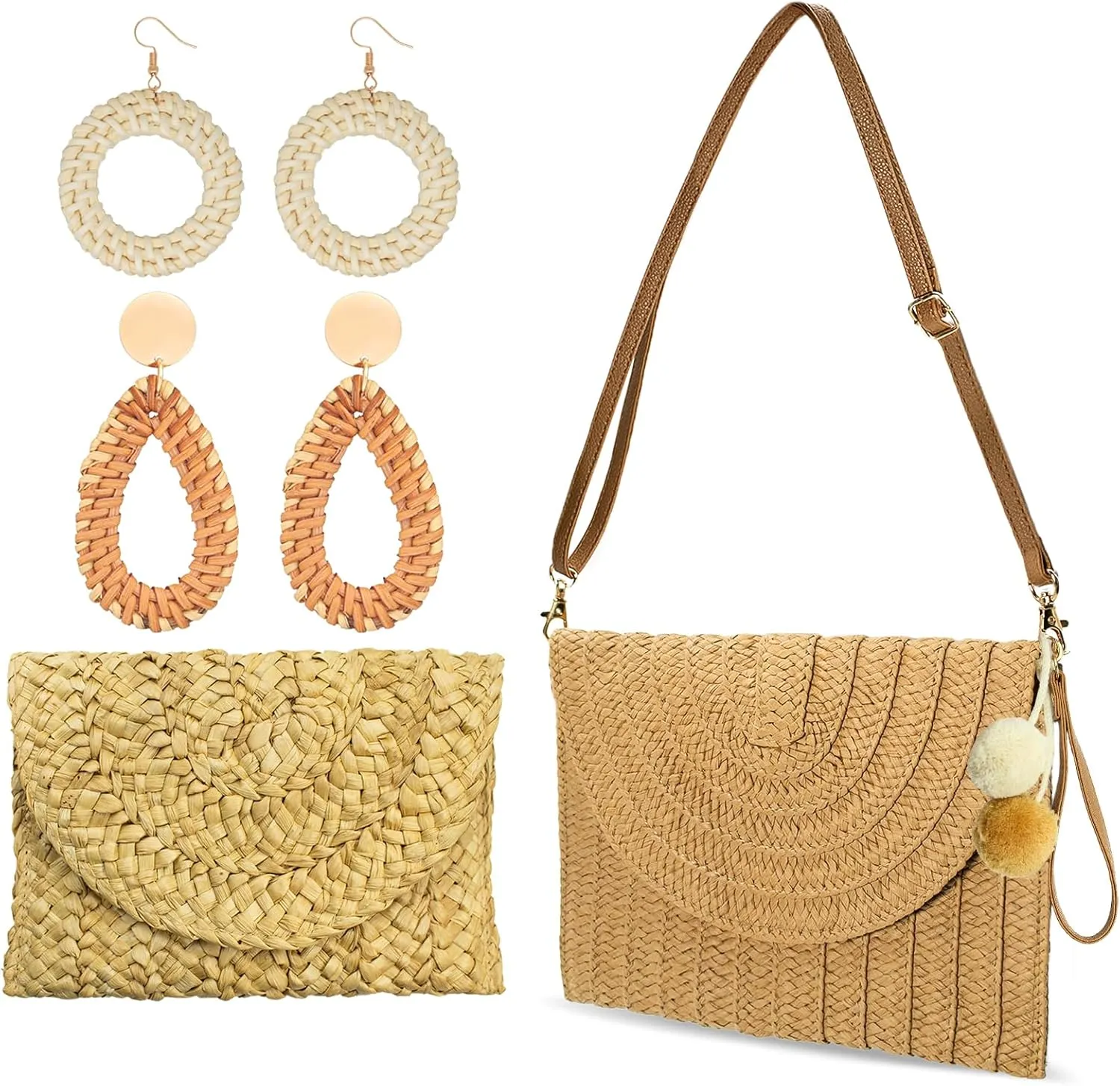 2Pcs Straw Clutch Purse and 2Pairs Wicker Bohemian Earrings Women Crossbody Bag Summer Beach Shoulder Bags Handbag Straw Envelope Bag with Adjustable Strap