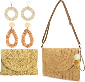 2Pcs Straw Clutch Purse and 2Pairs Wicker Bohemian Earrings Women Crossbody Bag Summer Beach Shoulder Bags Handbag Straw Envelope Bag with Adjustable Strap