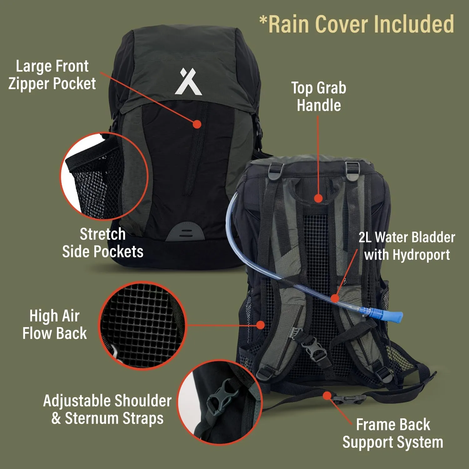 30L Hiking Hydration Backpack, Small Day Pack With 2L Water Bladder, Lightweight and Perfect for Camping, Running, Cycling, Mountain Biking, Skiing, Snowboarding For Men and Women - Black