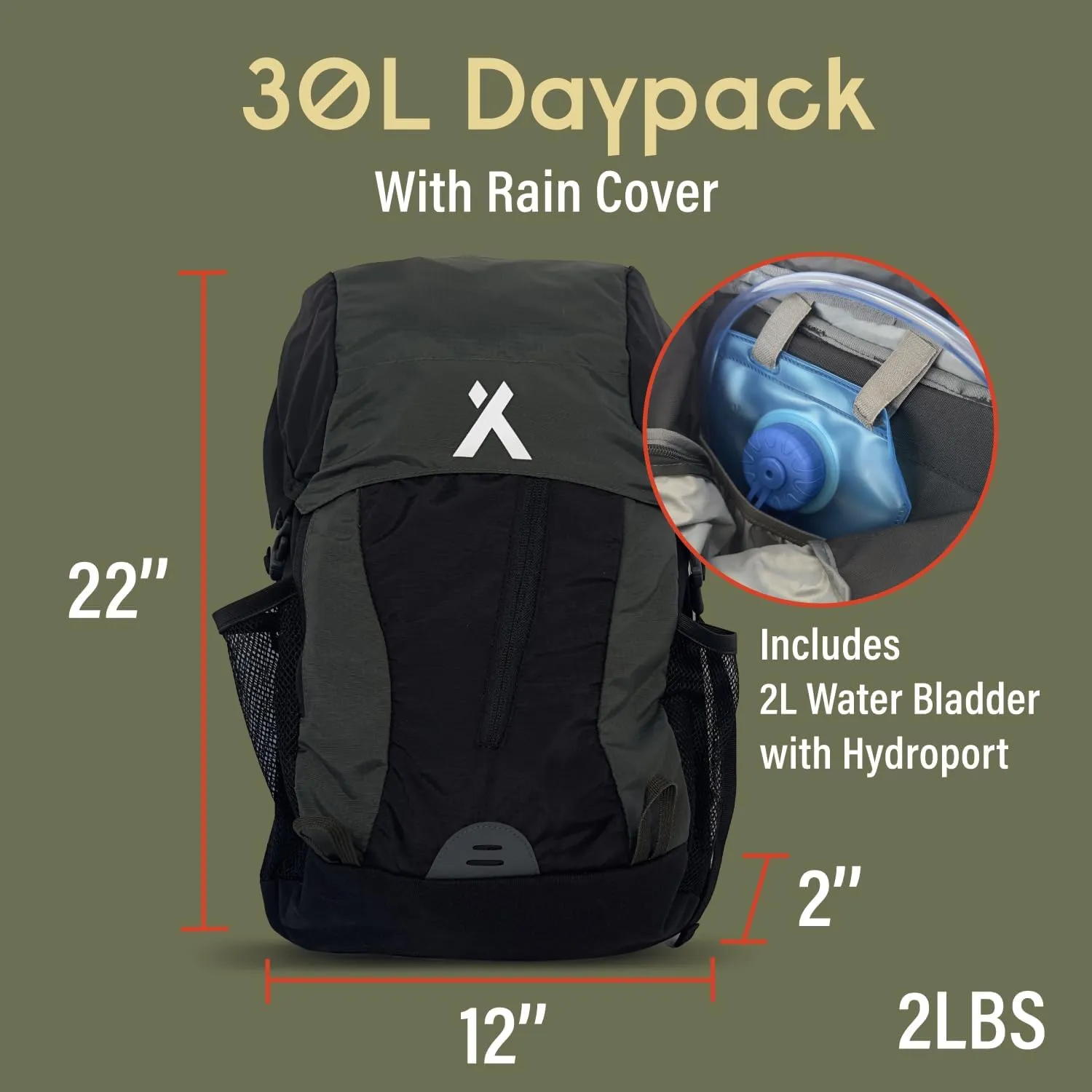 30L Hiking Hydration Backpack, Small Day Pack With 2L Water Bladder, Lightweight and Perfect for Camping, Running, Cycling, Mountain Biking, Skiing, Snowboarding For Men and Women - Black