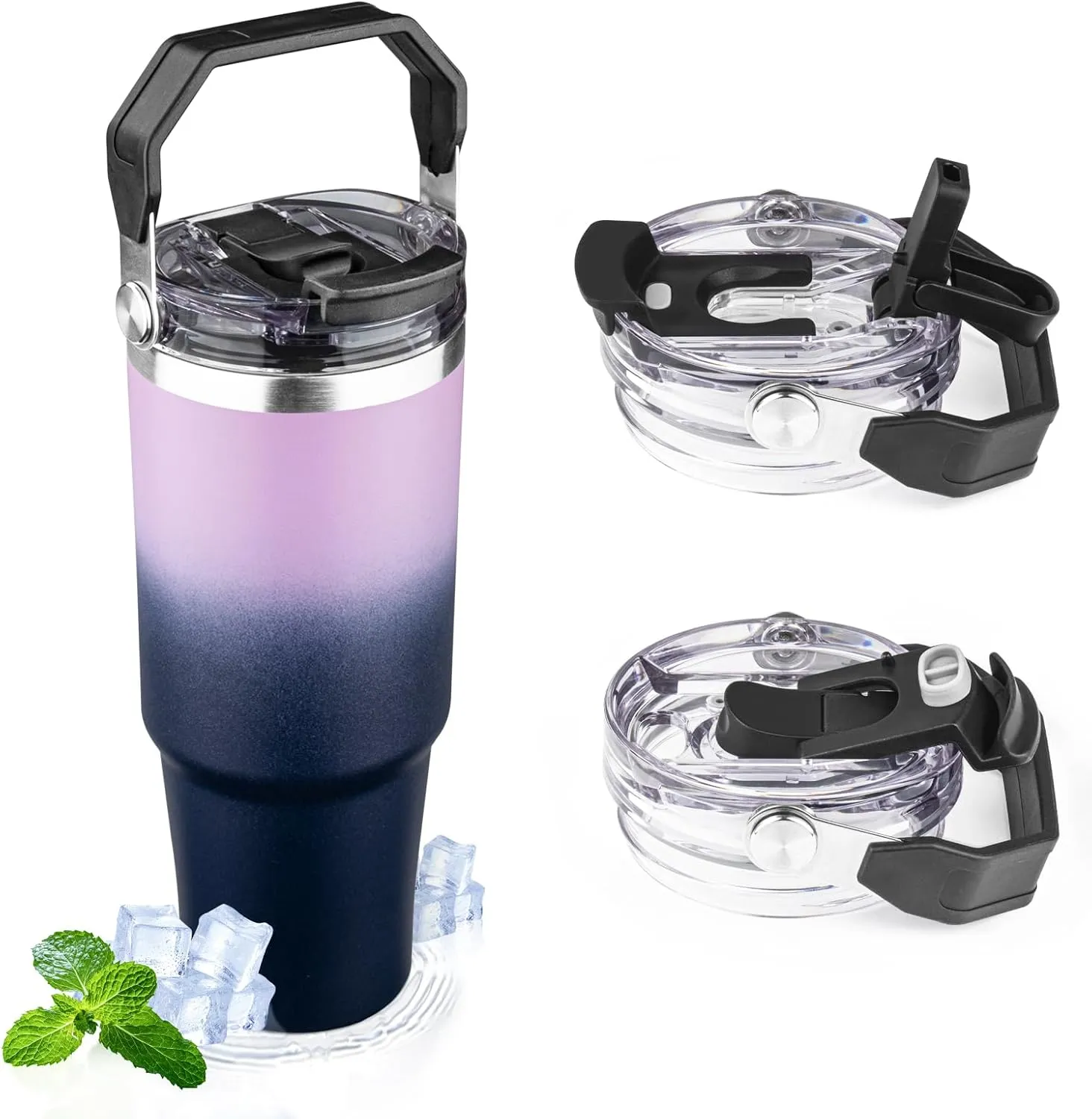30oz Tumbler with Handle and Flip Straw Lid Double Wall Insulated Travel Coffee Mug Stainless Steel Vacuum Coffee Tumbler Cup for Hot and Cold Drinks,Leak-proof&BPA-free（30oz,Light purple Navy blue）