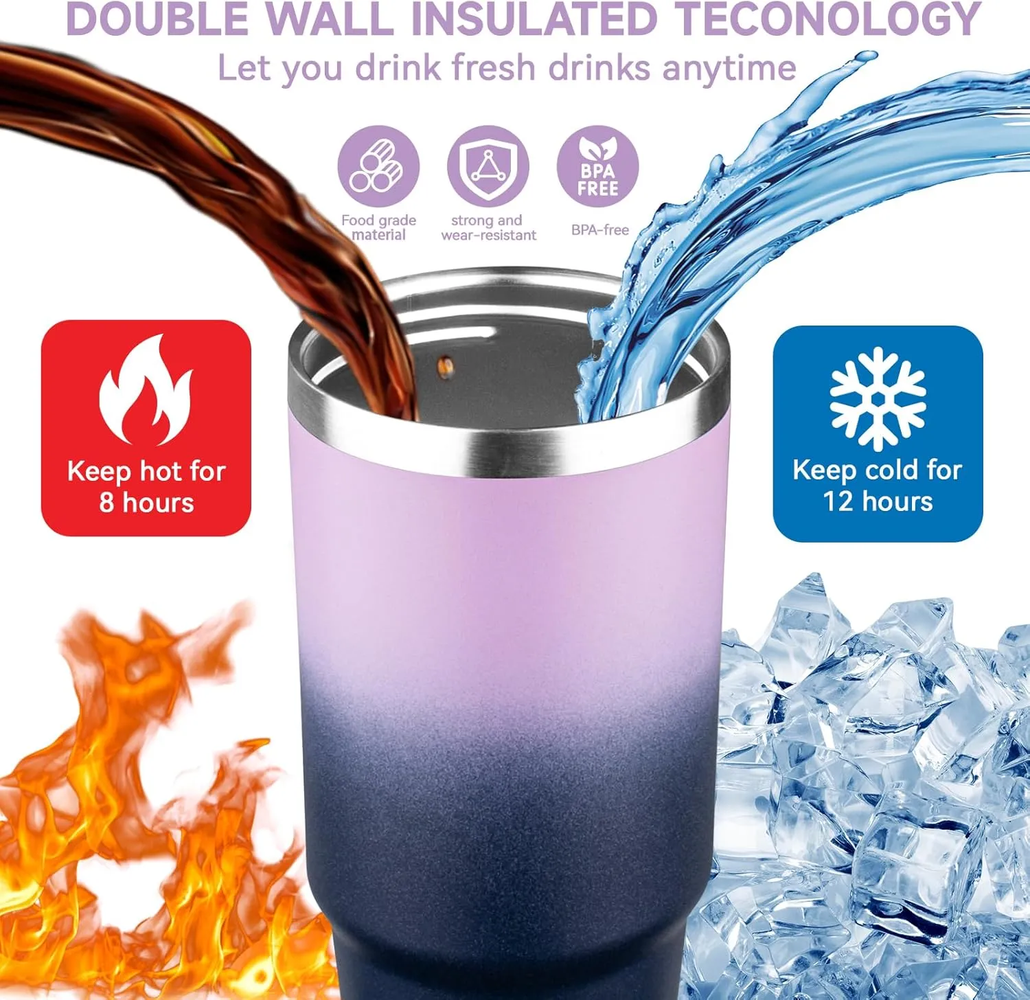 30oz Tumbler with Handle and Flip Straw Lid Double Wall Insulated Travel Coffee Mug Stainless Steel Vacuum Coffee Tumbler Cup for Hot and Cold Drinks,Leak-proof&BPA-free（30oz,Light purple Navy blue）