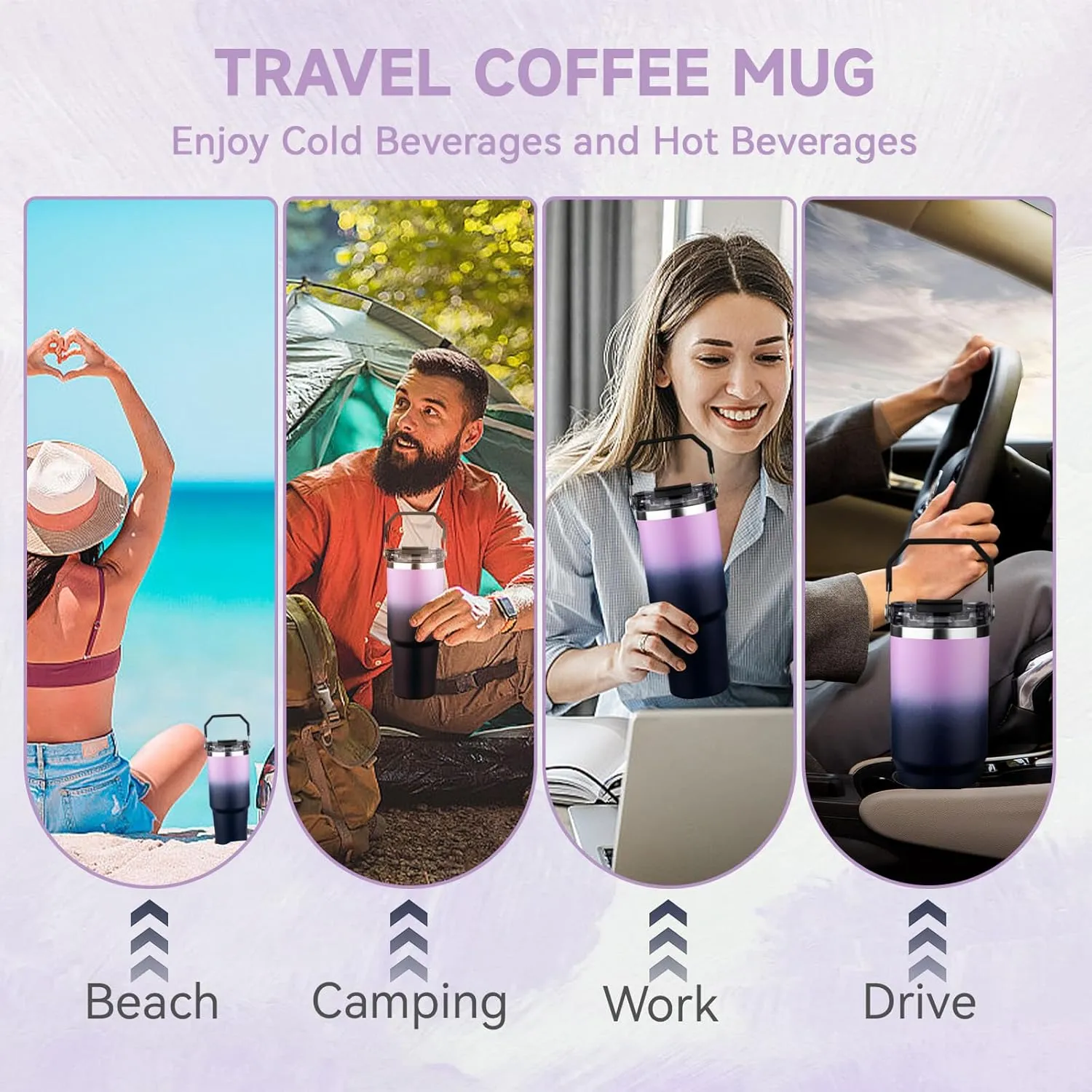 30oz Tumbler with Handle and Flip Straw Lid Double Wall Insulated Travel Coffee Mug Stainless Steel Vacuum Coffee Tumbler Cup for Hot and Cold Drinks,Leak-proof&BPA-free（30oz,Light purple Navy blue）