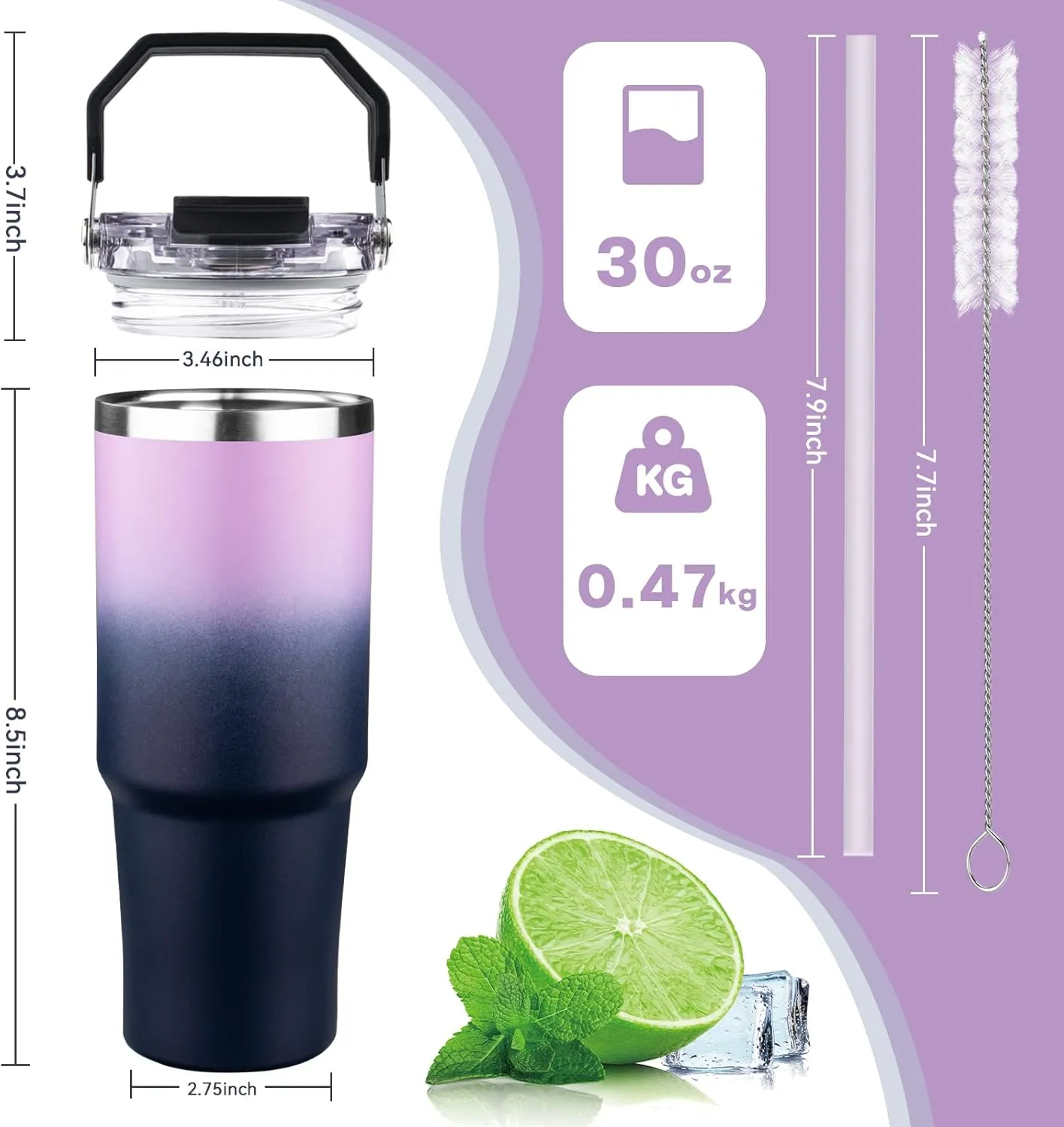 30oz Tumbler with Handle and Flip Straw Lid Double Wall Insulated Travel Coffee Mug Stainless Steel Vacuum Coffee Tumbler Cup for Hot and Cold Drinks,Leak-proof&BPA-free（30oz,Light purple Navy blue）