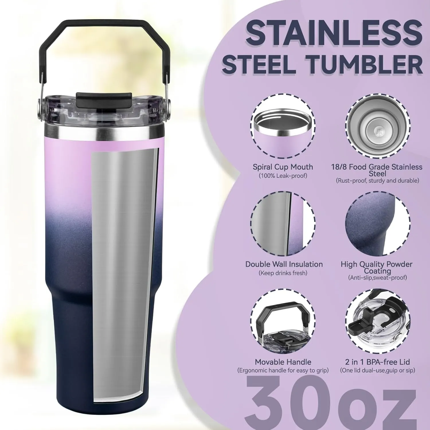 30oz Tumbler with Handle and Flip Straw Lid Double Wall Insulated Travel Coffee Mug Stainless Steel Vacuum Coffee Tumbler Cup for Hot and Cold Drinks,Leak-proof&BPA-free（30oz,Light purple Navy blue）