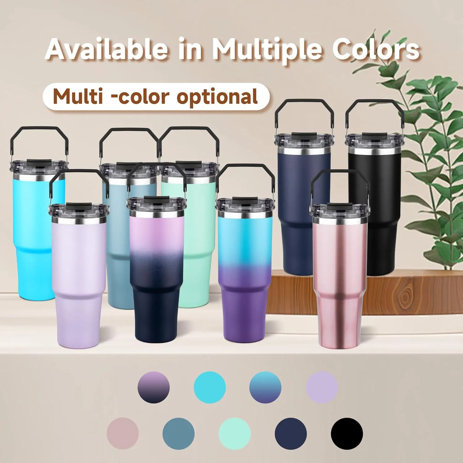 30oz Tumbler with Handle and Flip Straw Lid Double Wall Insulated Travel Coffee Mug Stainless Steel Vacuum Coffee Tumbler Cup for Hot and Cold Drinks,Leak-proof&BPA-free（30oz,Light purple Navy blue）