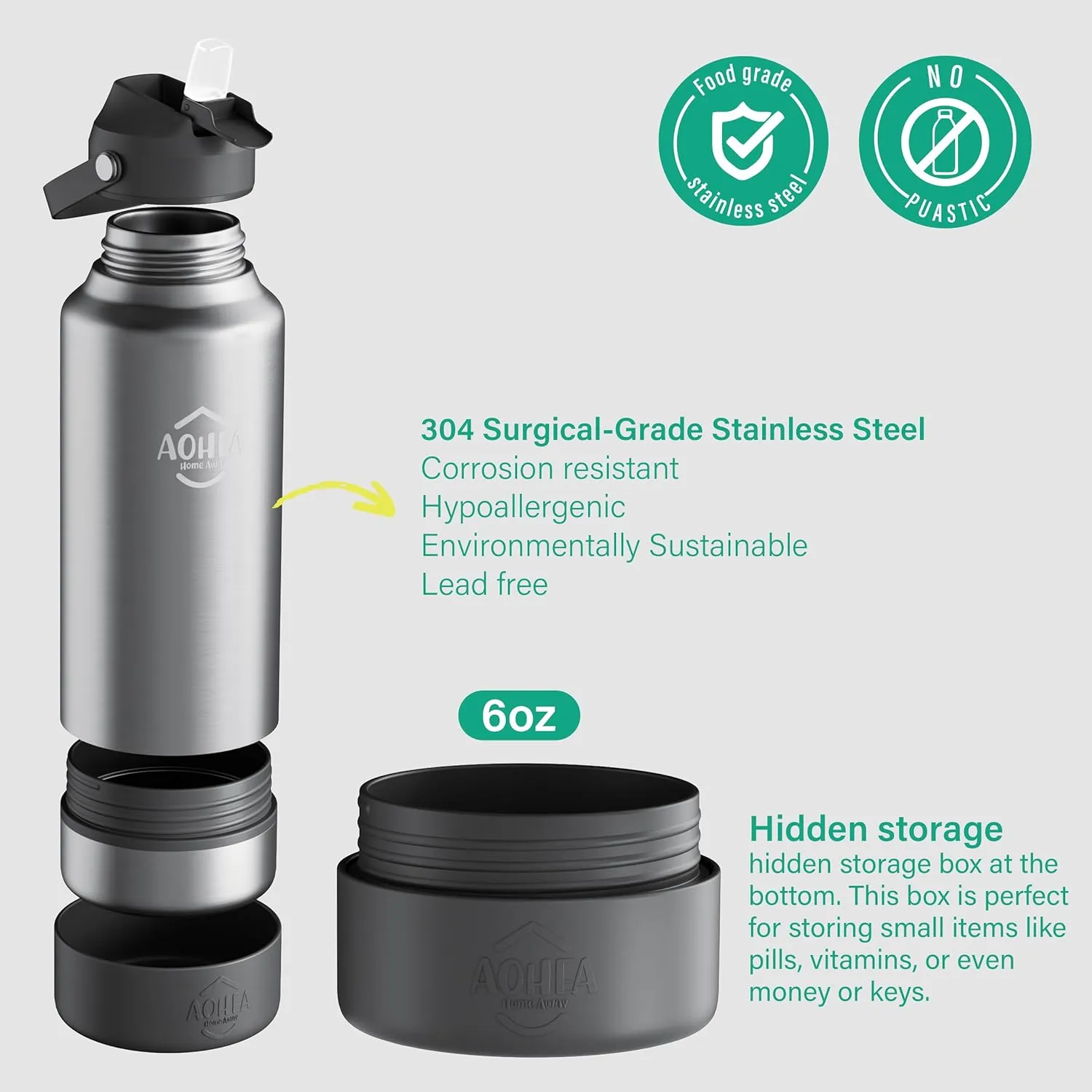 32oz（26 6） oz Insulated Water Bottle with straw and Hidden storage（6oz）, Stainless Steel Double Walled Vacuum Sports Water Bottle with 2 Lids for Gym Camping Hiking (Black, 32oz)