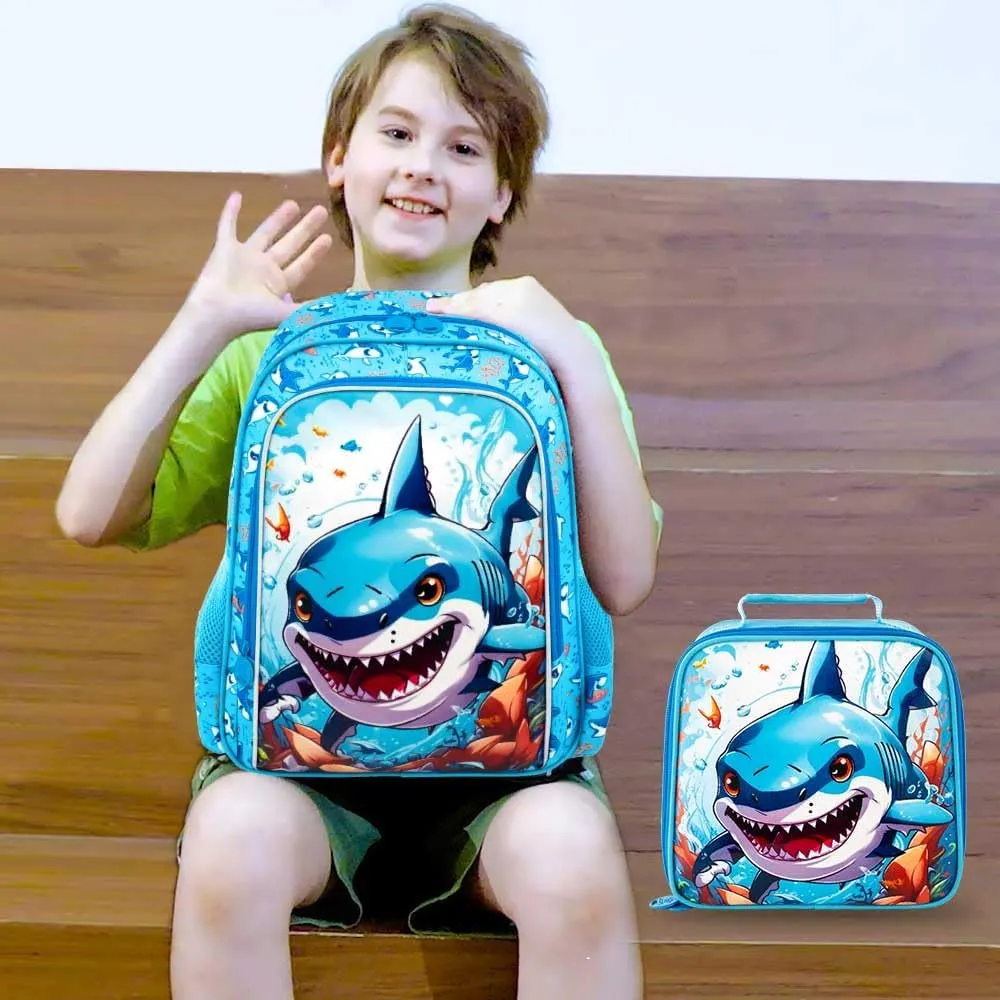 3PCS Dinosaur Backpack for Boys, 16 Inch Kids Water Resistant Preschool Elementary Kindergarten Bookbags and Lunch Box