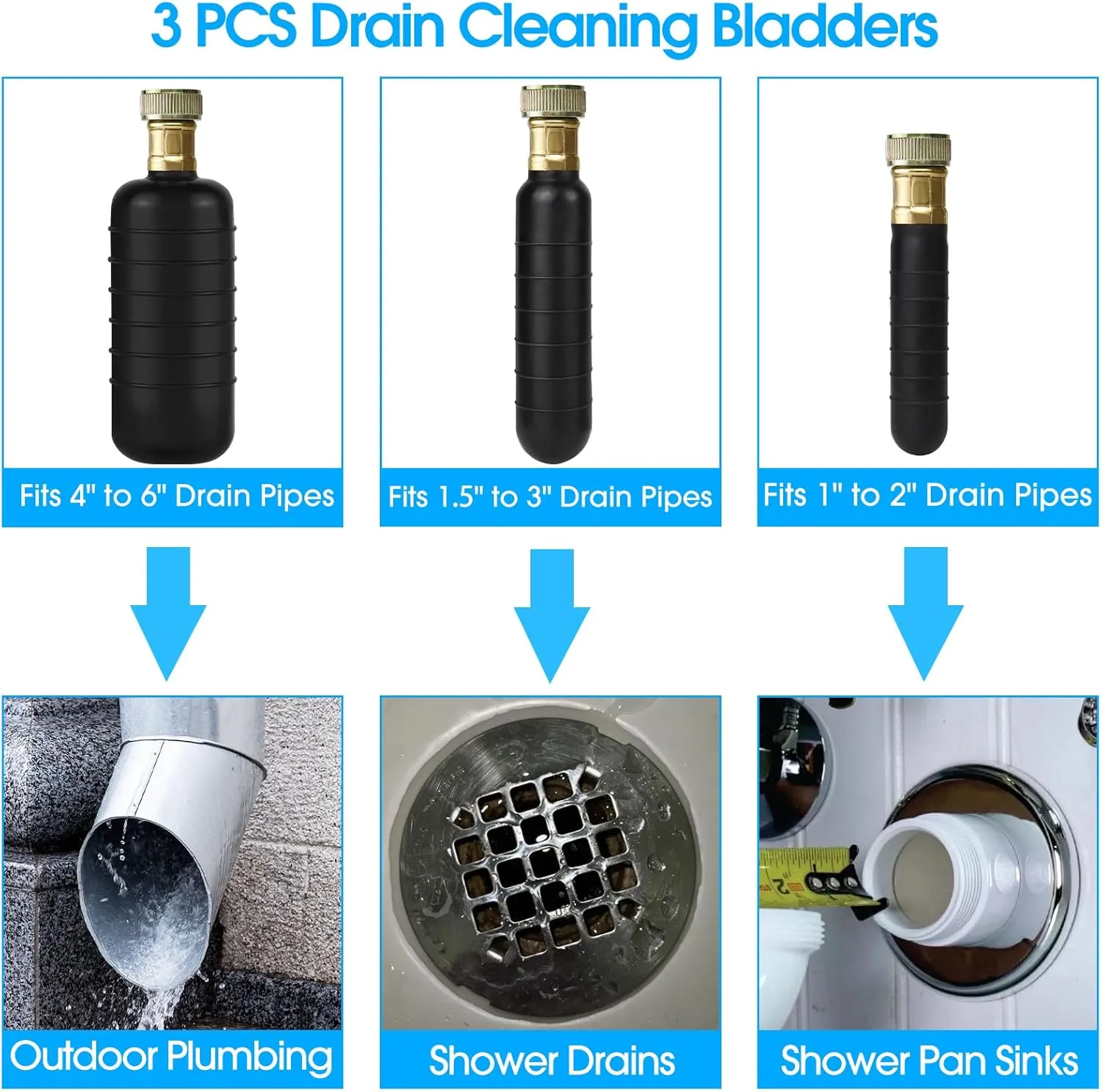 3PCS Drain Bladder Unclogger Main Sewer Line,Water-Powered Rubber Drain Cleaning Bladder Fits 1 to 6 Inch Drain Pipe Unclogs Stubborn Blockages for Bathroom Sink,Swimming Pool,Basement,Bathtub,Shower