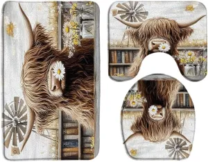 3PCS Farmhouse Highland Cow Bath Mat Set Funny Cattle Rustic Daisy Floral Vintage Windmill Mountain Western Animal Bathroom Kitchen Floor Mat Doormat,Toilet Lid Cover Microfiber Home Decor Rug