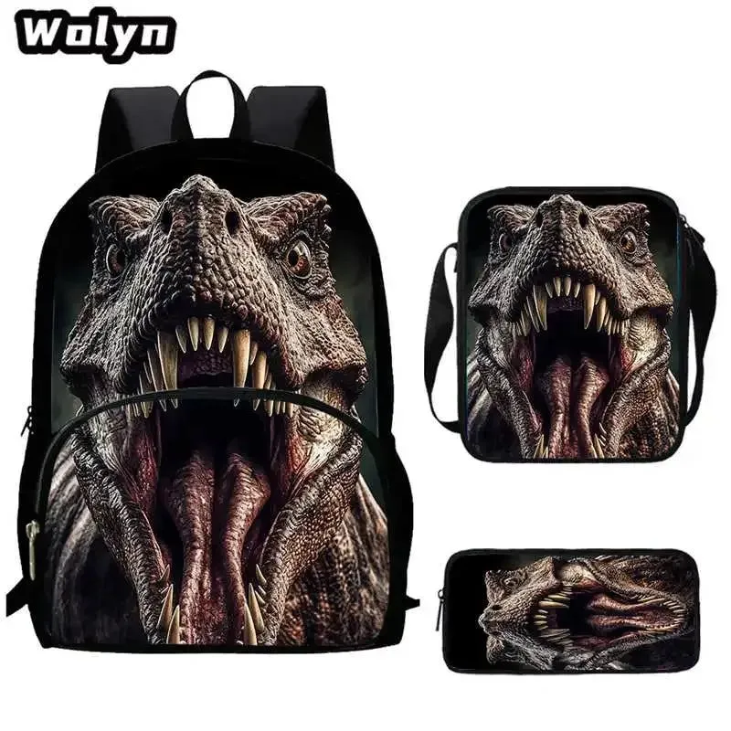 3Pcs Set Dinosaur School Backpack with Pencil Case Shoulder Bags for Grade 1-3 ,Cartoon Animal Print School Bags for Boys Girls