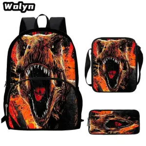 3Pcs Set Dinosaur School Backpack with Pencil Case Shoulder Bags for Grade 1-3 ,Cartoon Animal Print School Bags for Boys Girls