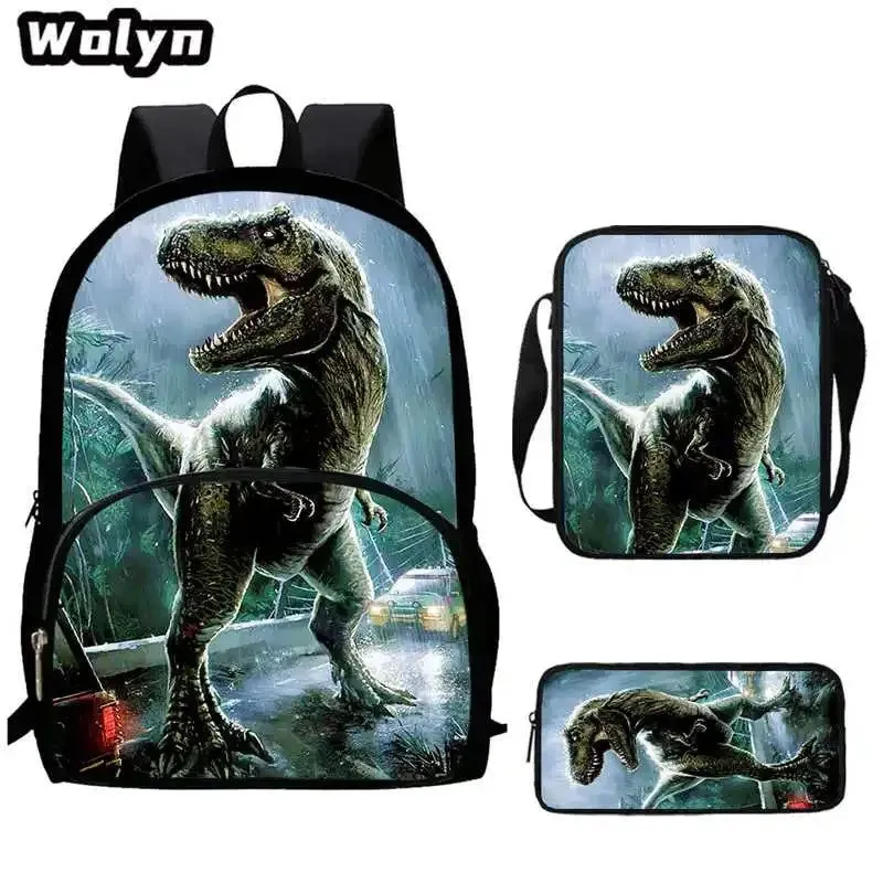 3Pcs Set Dinosaur School Backpack with Pencil Case Shoulder Bags for Grade 1-3 ,Cartoon Animal Print School Bags for Boys Girls