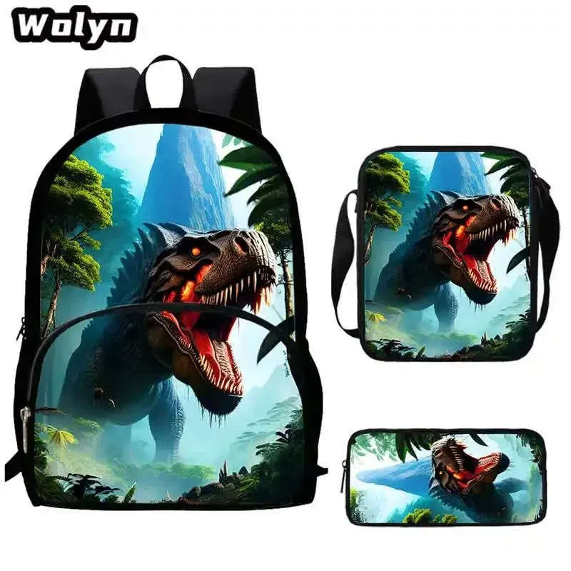 3Pcs Set Dinosaur School Backpack with Pencil Case Shoulder Bags for Grade 1-3 ,Cartoon Animal Print School Bags for Boys Girls