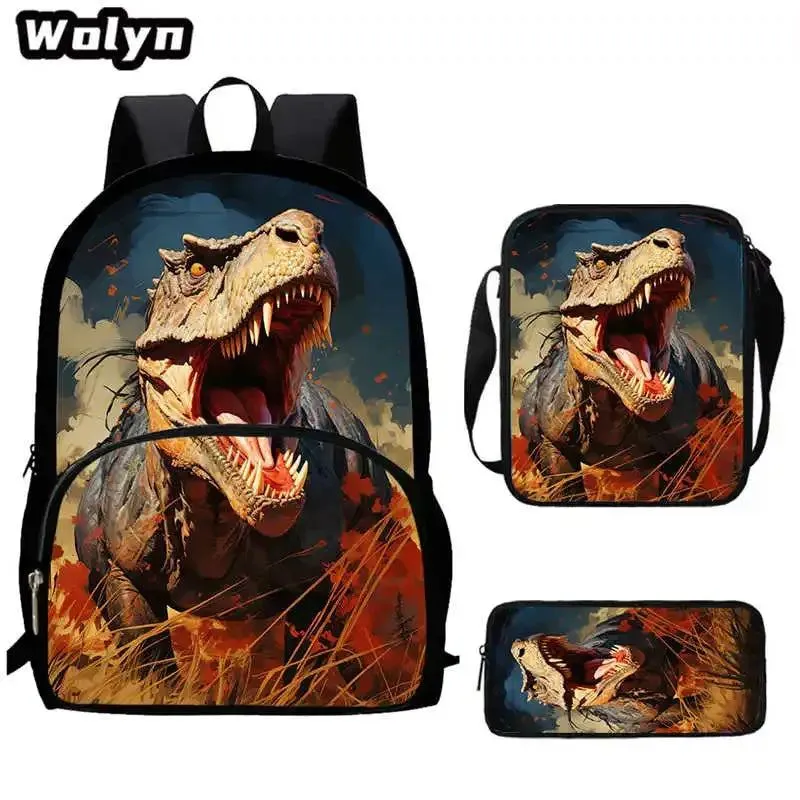3Pcs Set Dinosaur School Backpack with Pencil Case Shoulder Bags for Grade 1-3 ,Cartoon Animal Print School Bags for Boys Girls